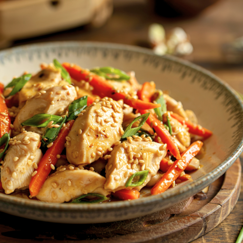 Bowl of chicken stir-fry with vegetables on a wooden table