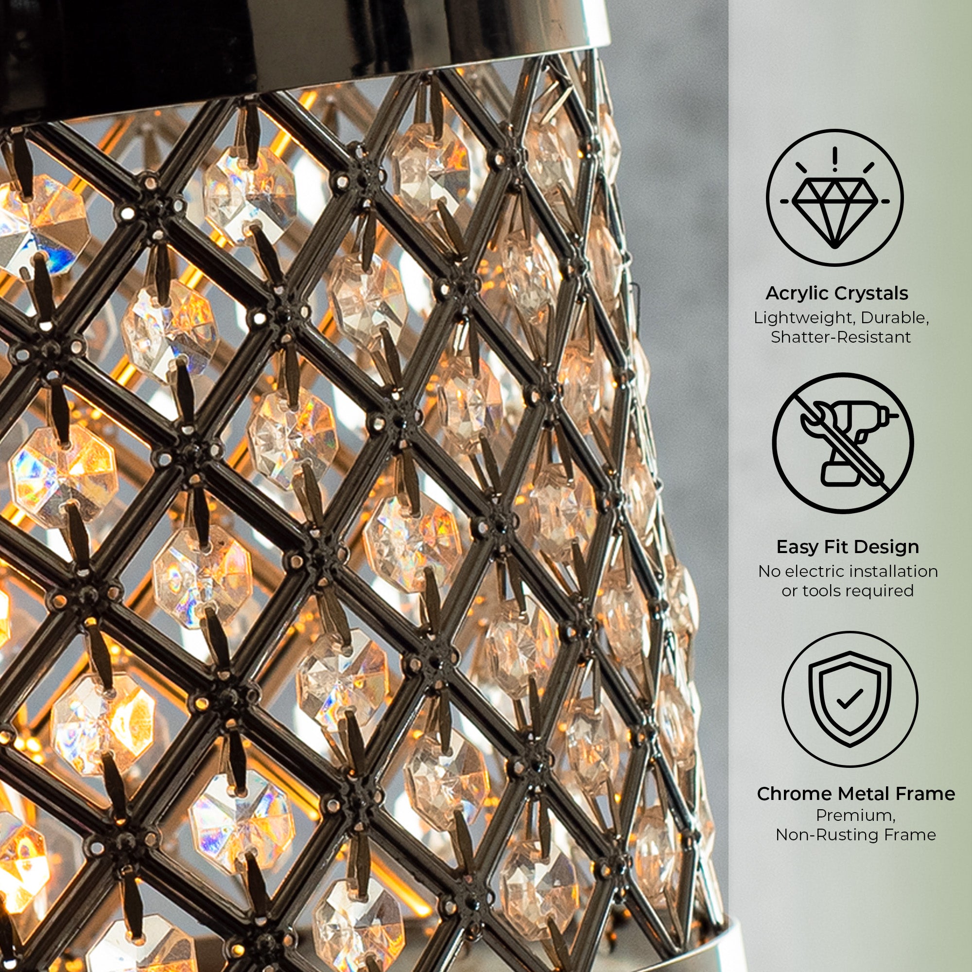 Close up of diamond effect hanging lampshade showing intricate acrylic crystal details.