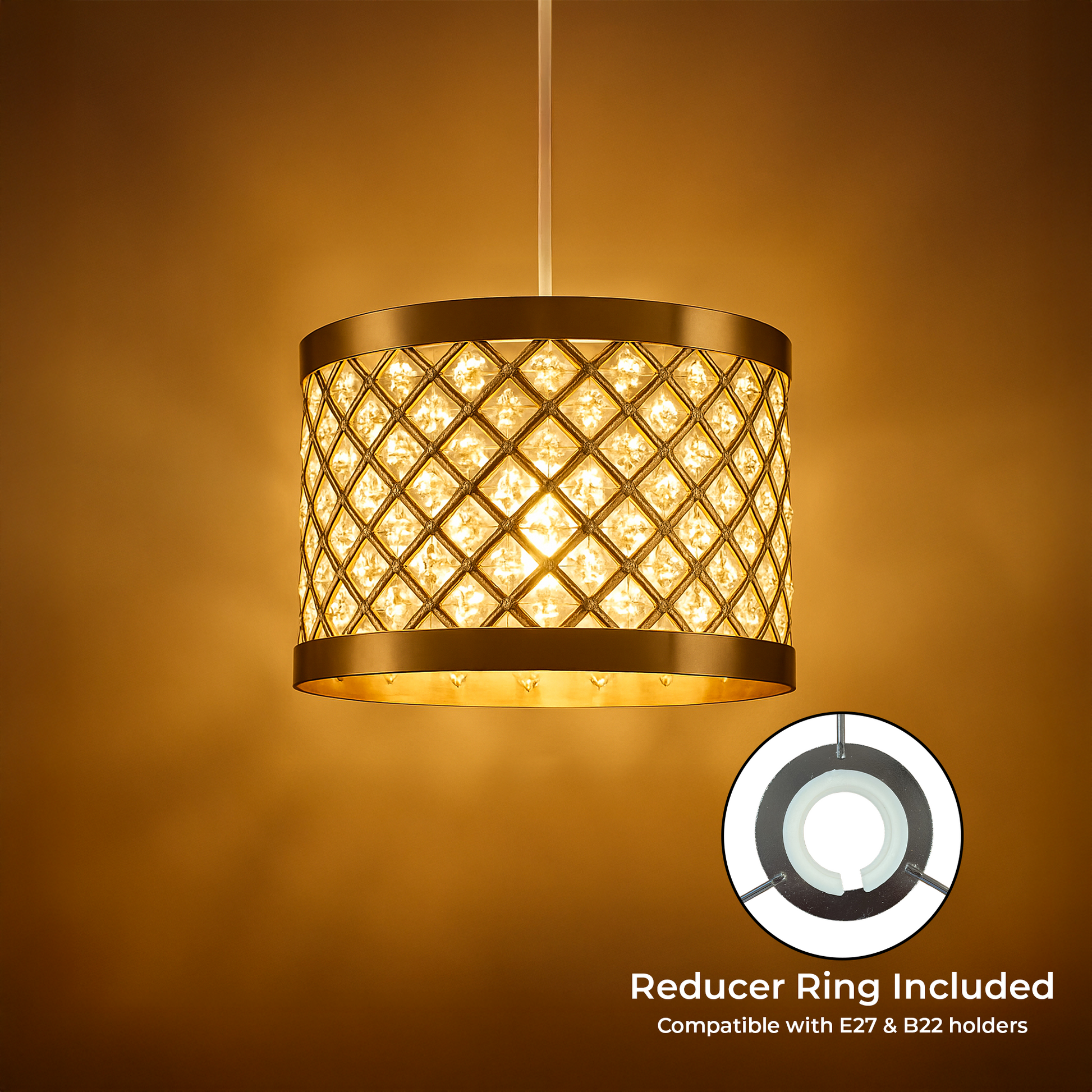 Glam home office ceiling fixture emitting a warm golden glow for a luxurious ambience.