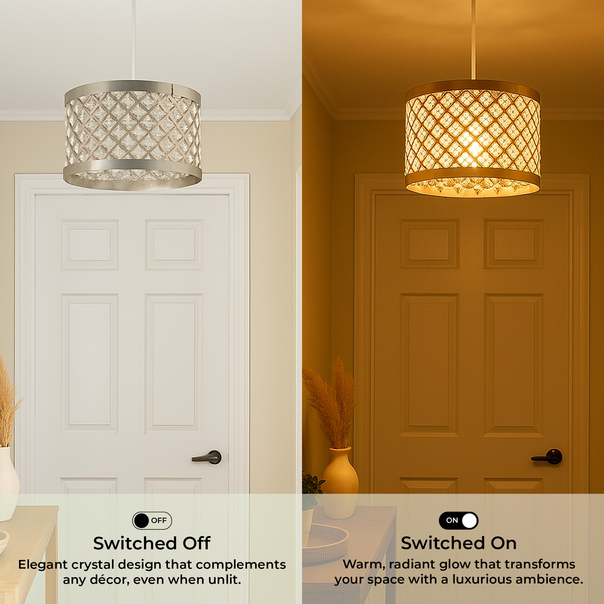 Decorative sparkle pendant lighting cover shown switched on for light and off for style.