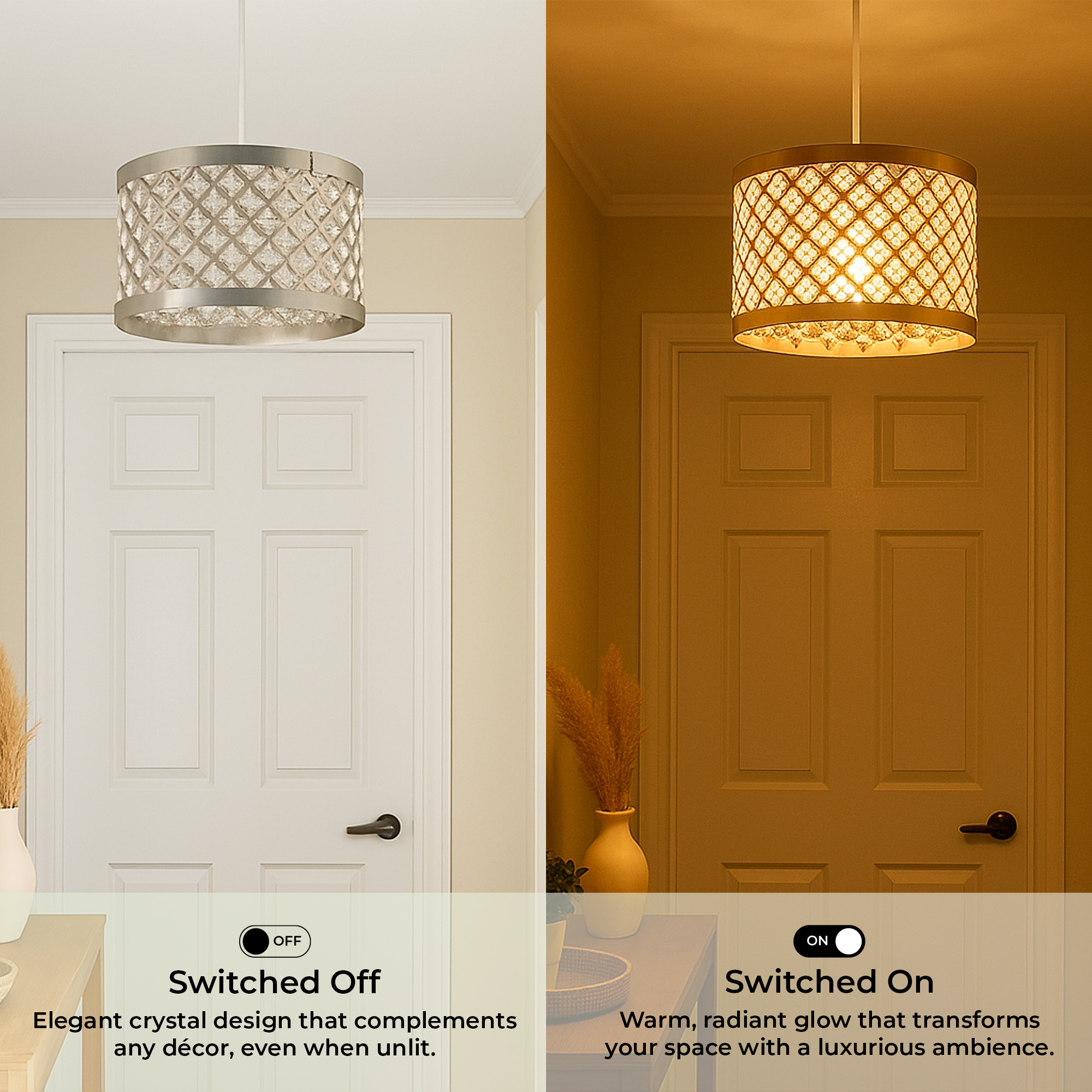 Decorative sparkle pendant lighting cover shown switched on for light and off for style.