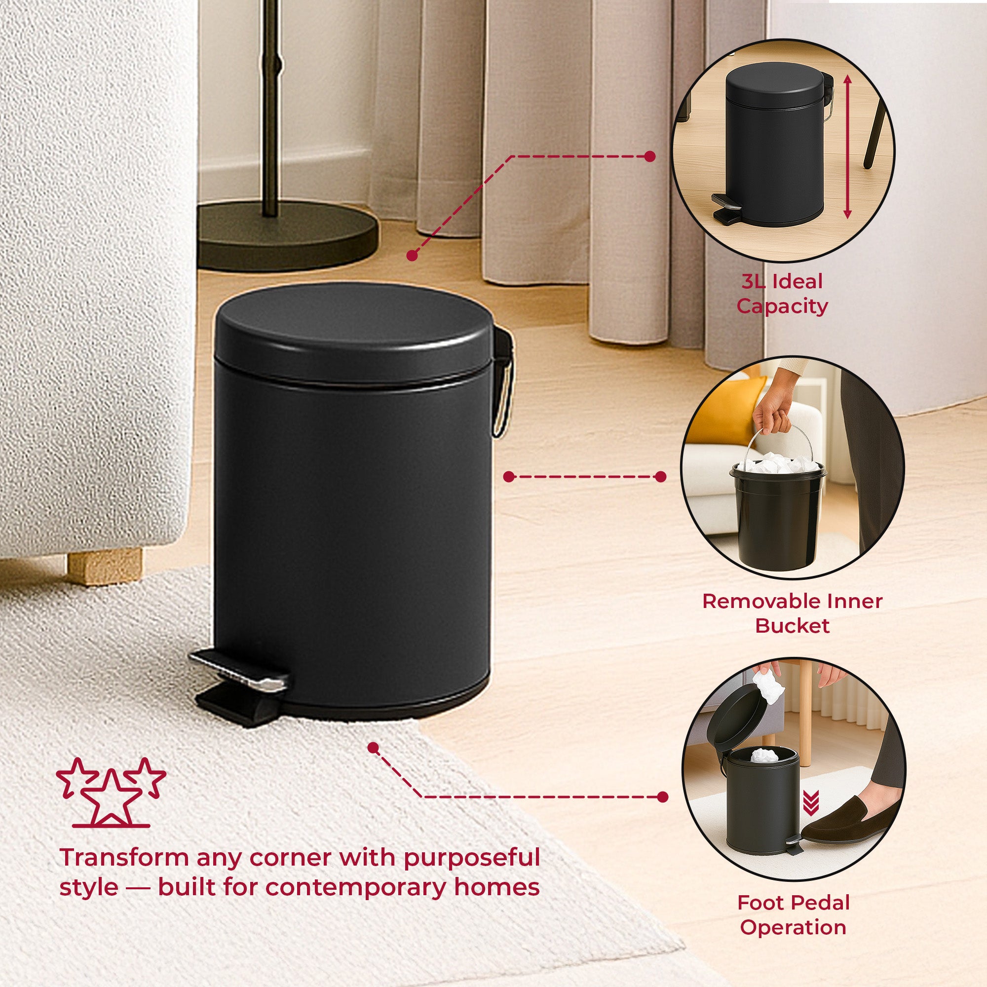 3L Stainless Steel Pedal Press Bin