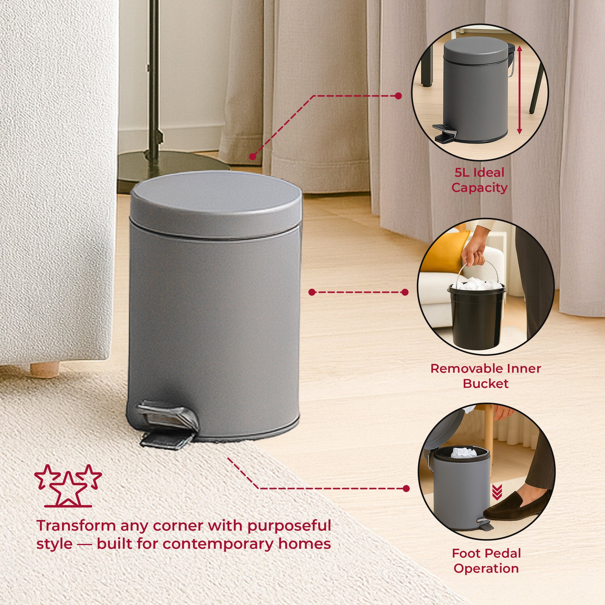 5L Stainless Steel Pedal Press Bin