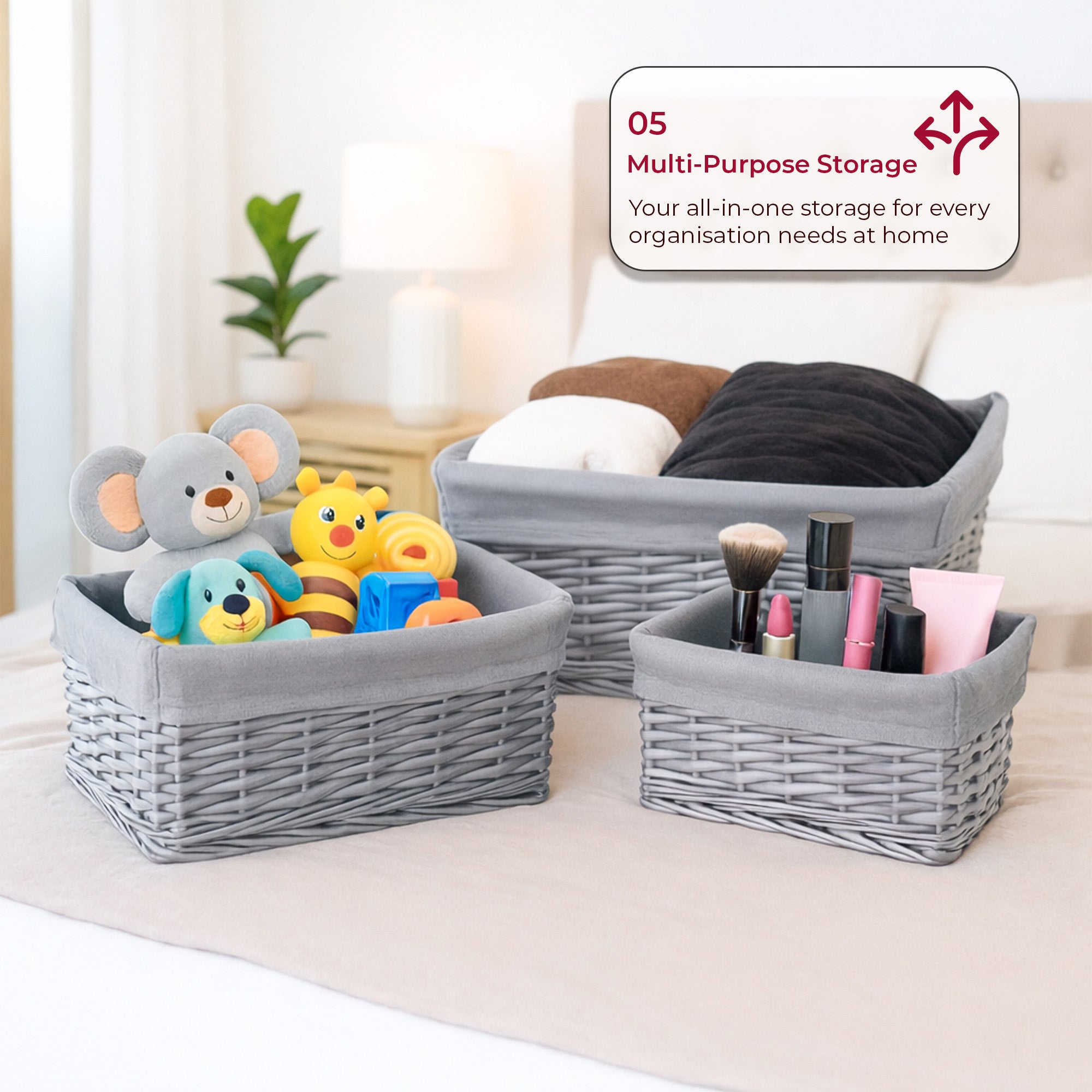 Set of 3 Wicker storage baskets with Lining