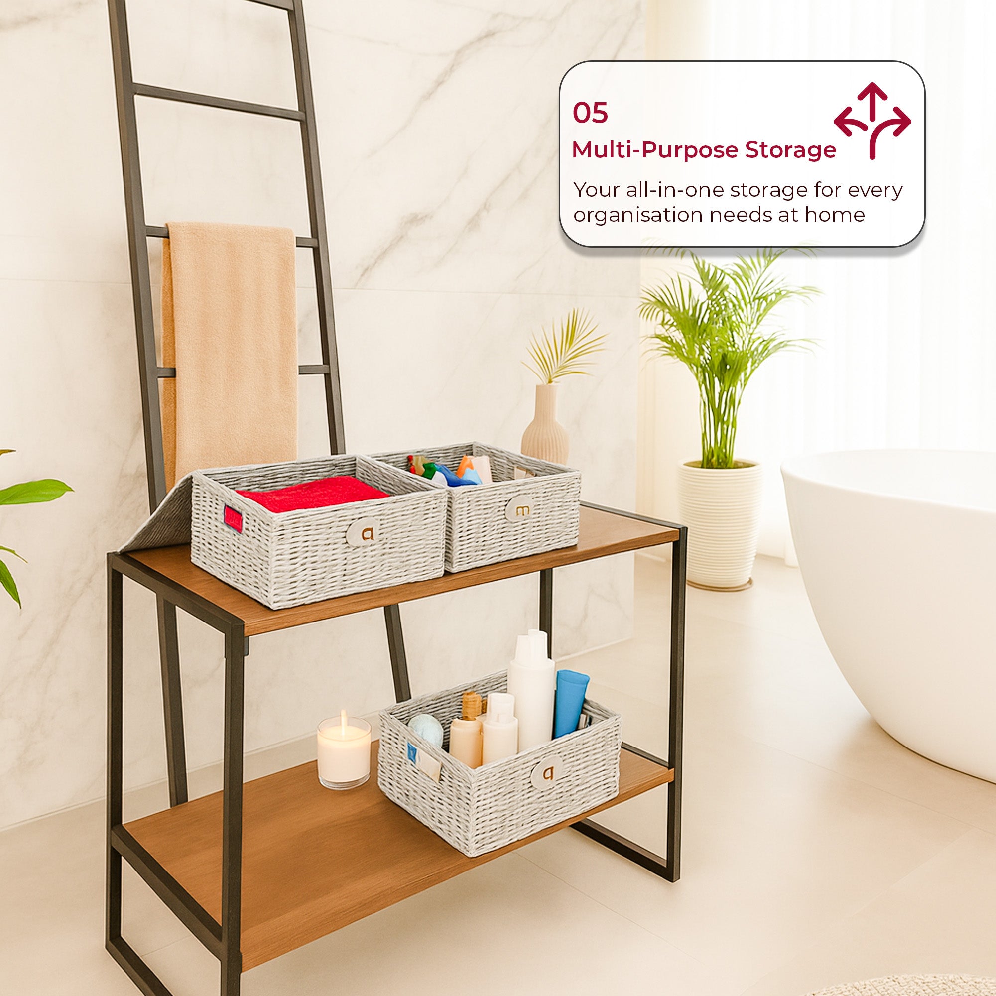 Multifunctional wicker storage unit with baskets and decor items in a home setting