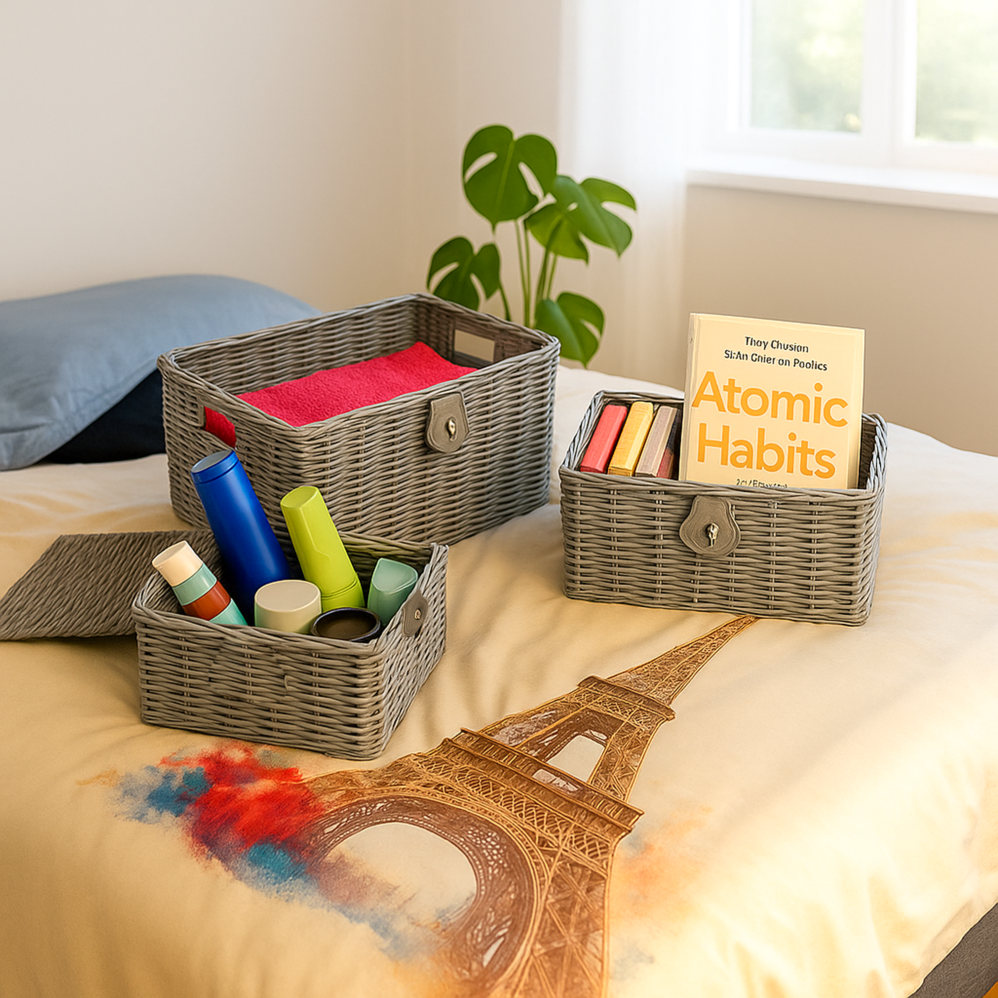 Wicker storage baskets on a bed with books and stationery items