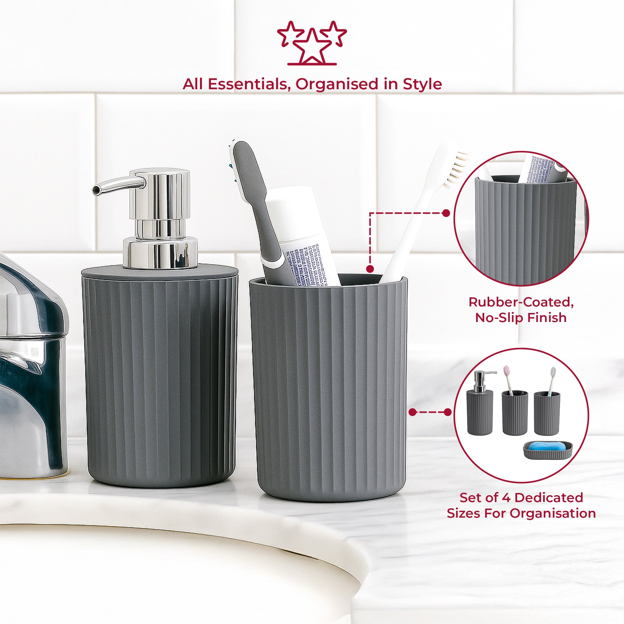 4 Pc Bathroom Accessory Set - Rubber Coated