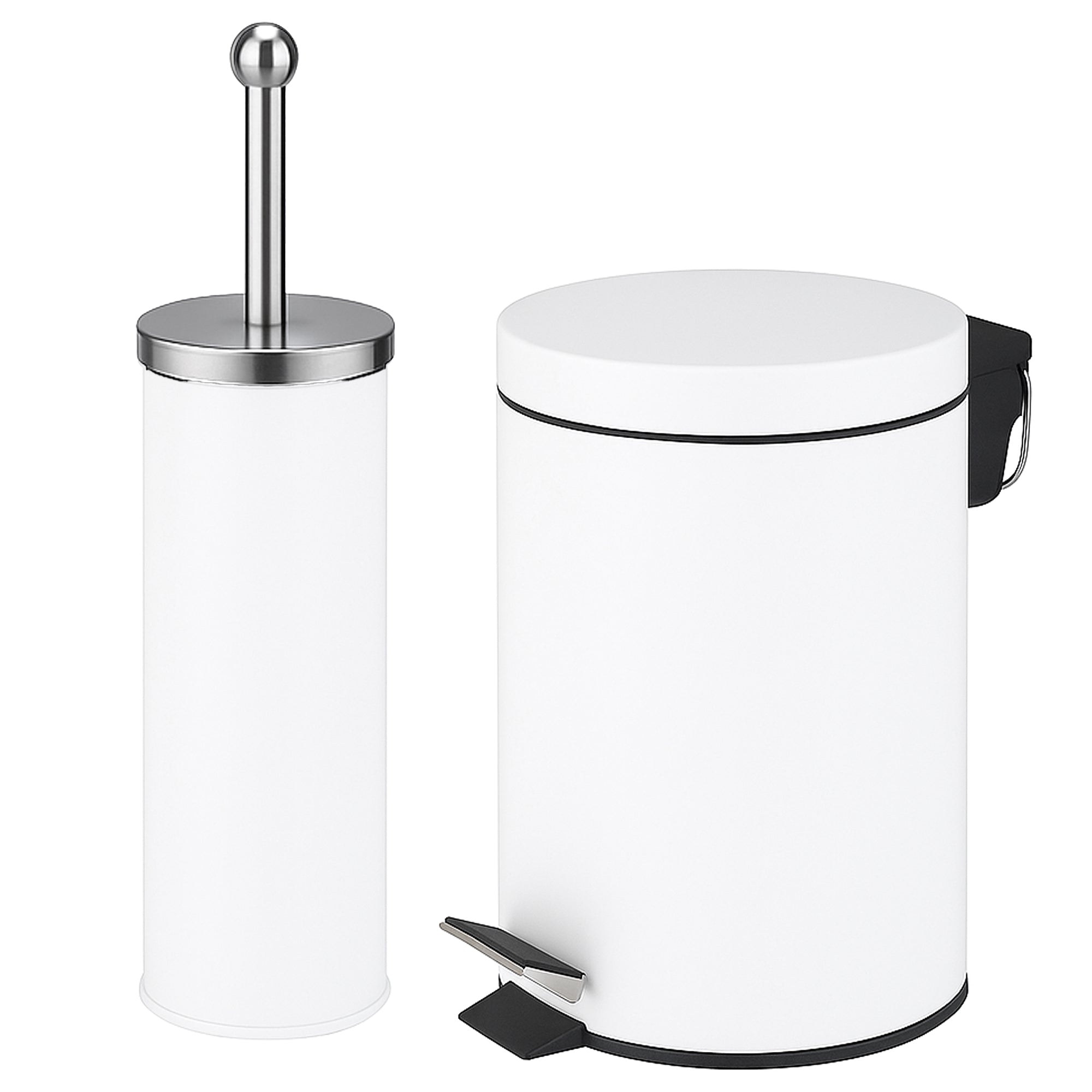 White bathroom pedal bin set with matching toilet brush for a clean modern look.