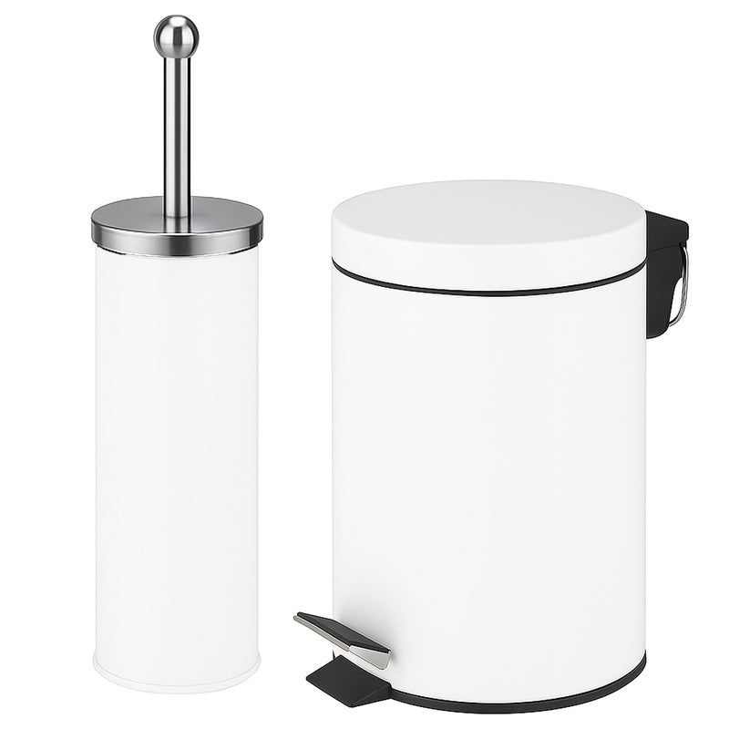 White bathroom pedal bin set with matching toilet brush for a clean modern look.