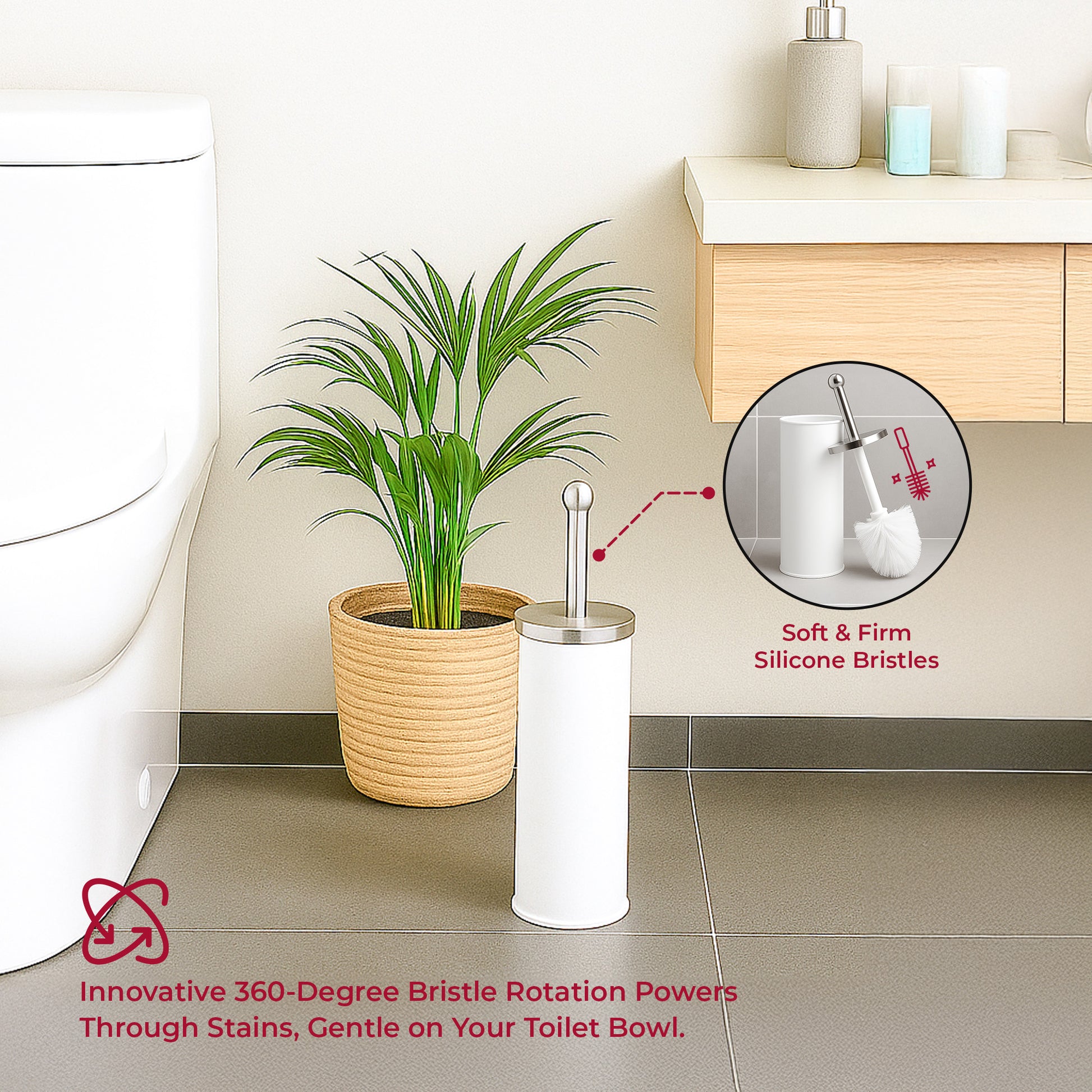 White toilet brush and holder with silicone bristles shown in a bright modern bathroom.