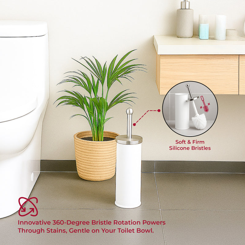 White toilet brush and holder with silicone bristles shown in a bright modern bathroom.