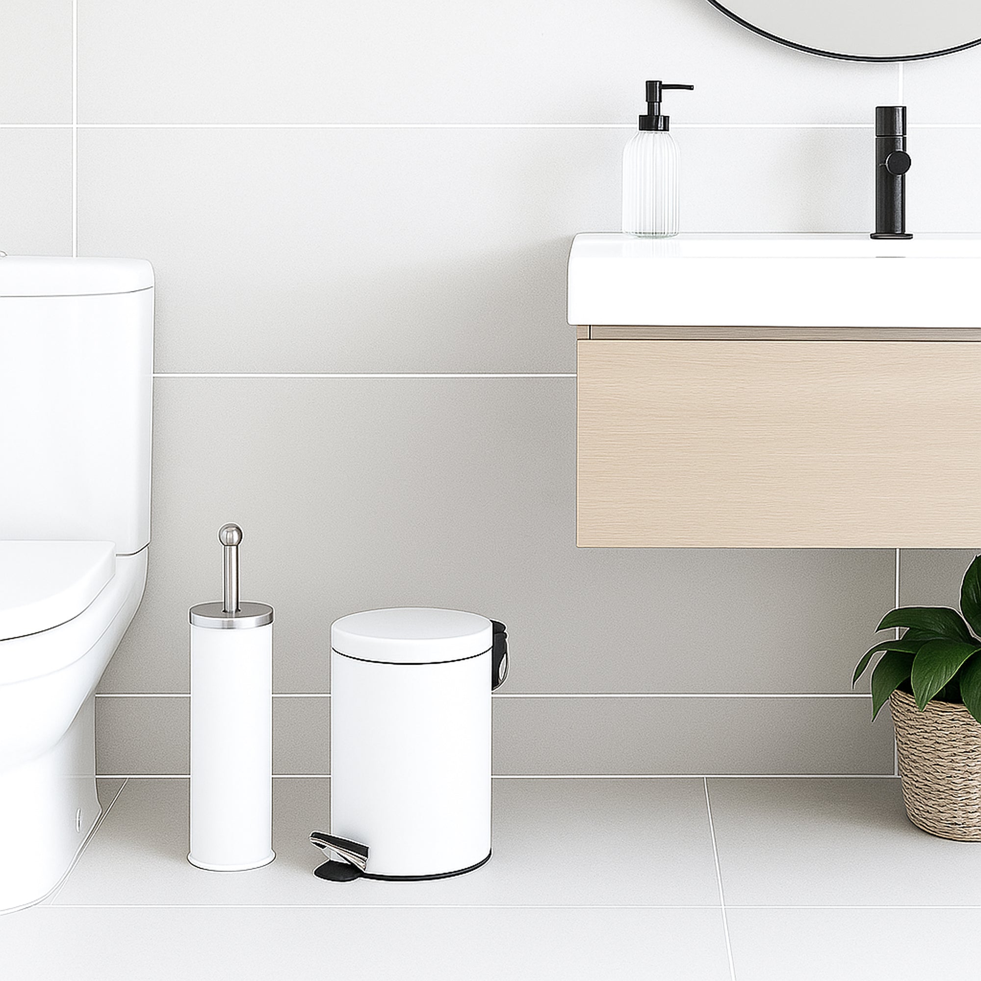 Modern 3L pedal bin & toilet brush set in matte grey adding style to bathroom interiors.