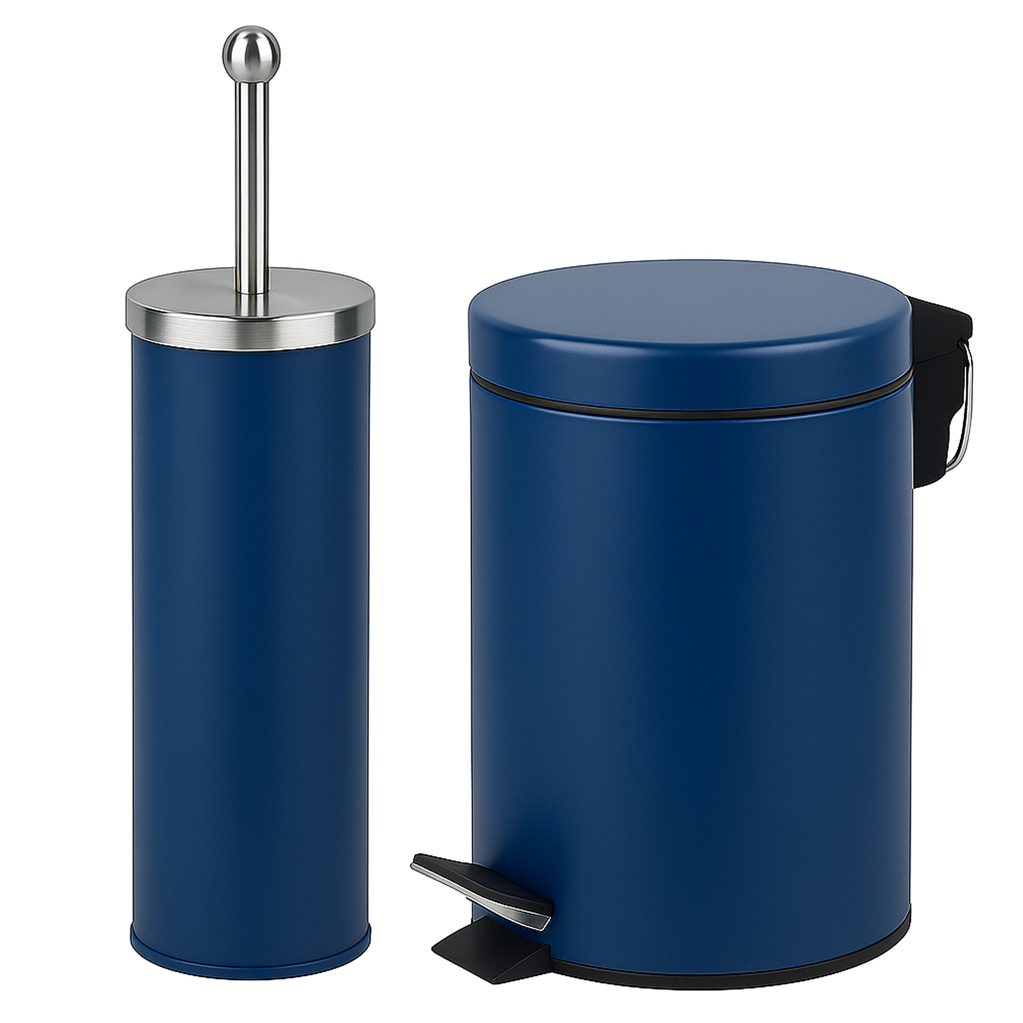 Blue bathroom bin and brush combo featuring a sleek matte finish and steel handle.