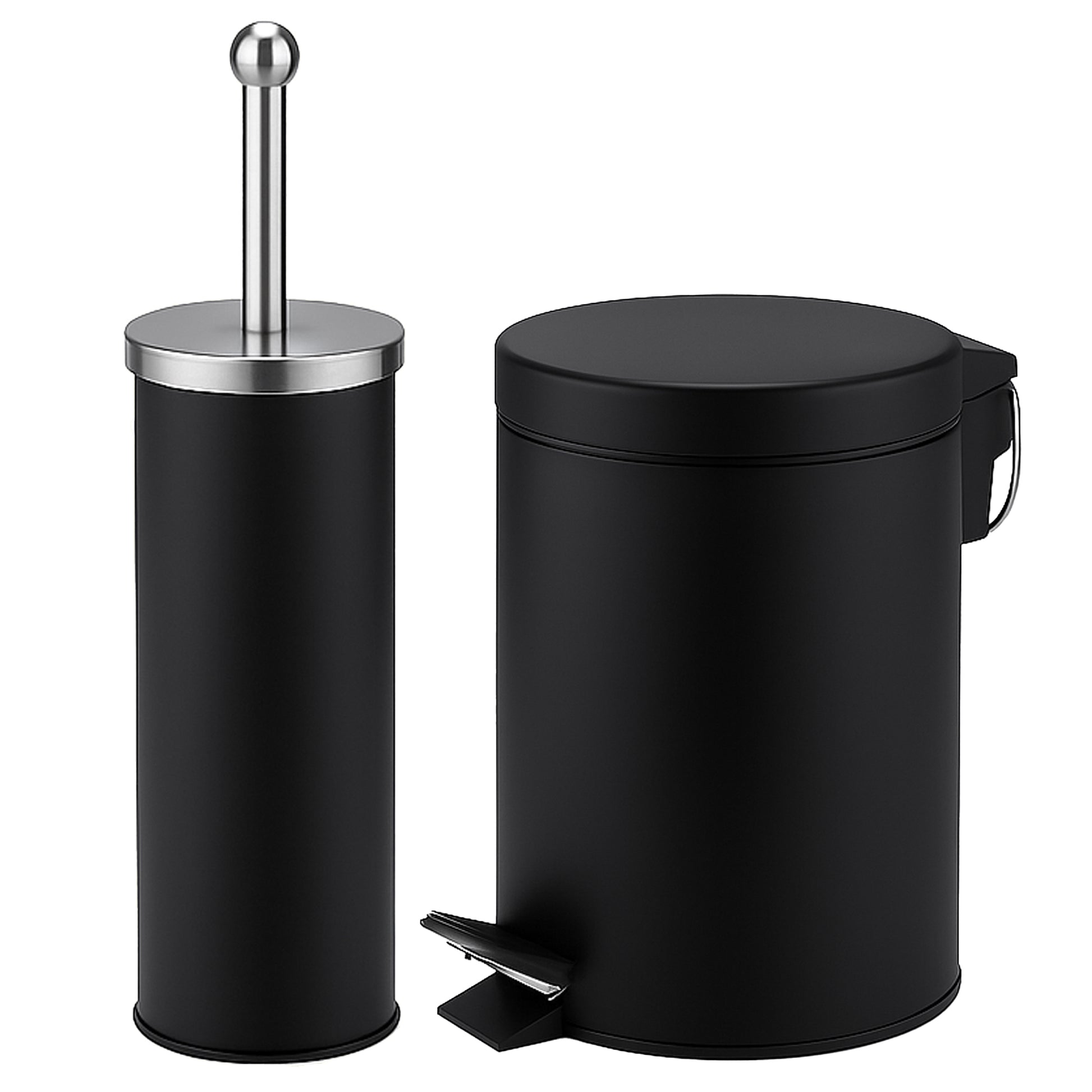 Black matte pedal bin set with matching toilet brush for a coordinated bathroom look.
