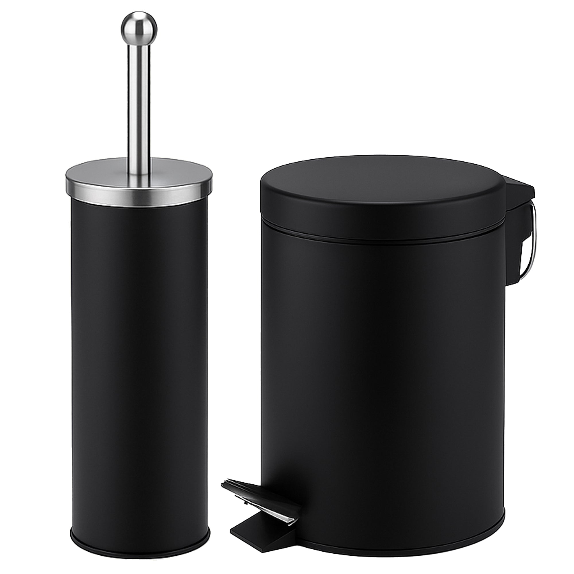 Black matte pedal bin set with matching toilet brush for a coordinated bathroom look.