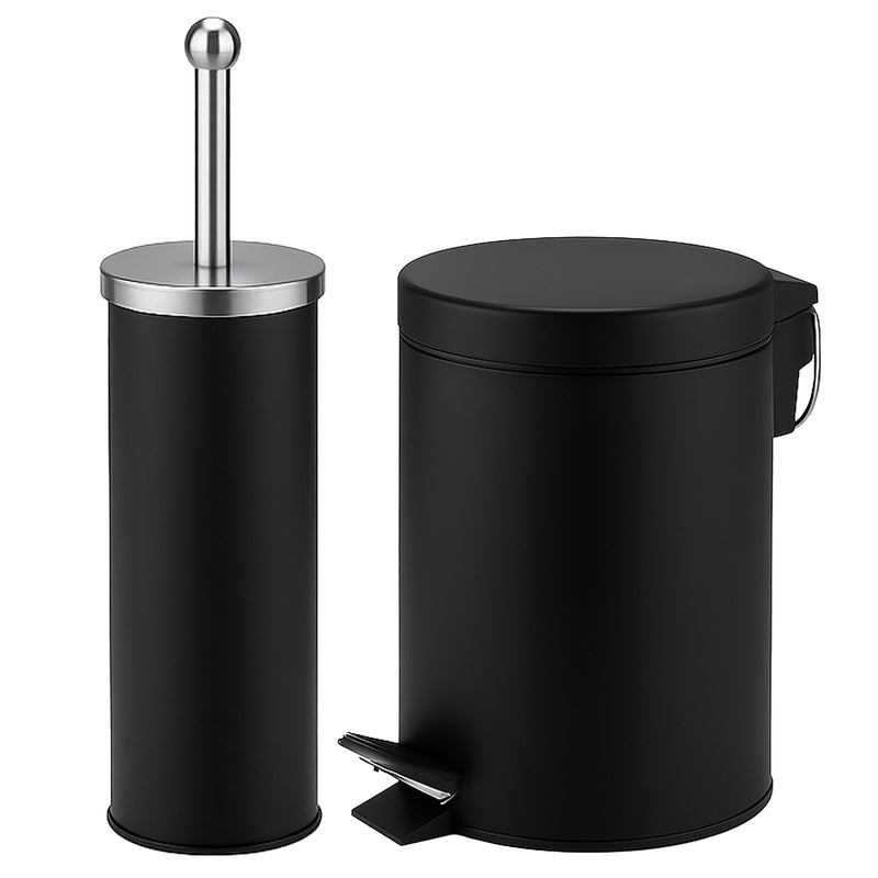 Black matte pedal bin set with matching toilet brush for a coordinated bathroom look.
