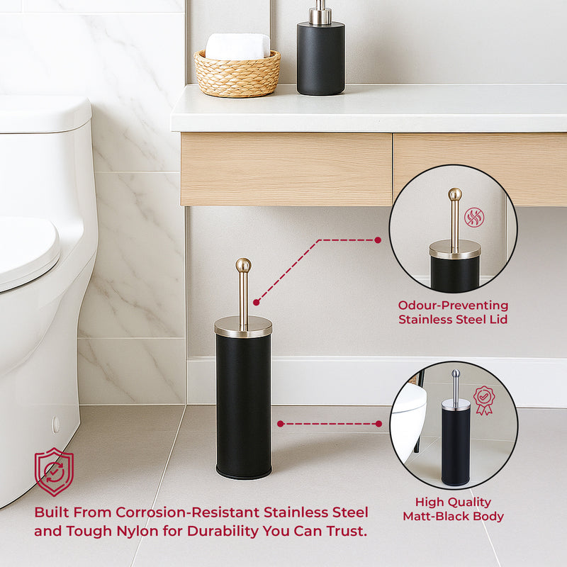 Matte black bathroom pedal bin set with odour-preventing lid and stainless steel accents