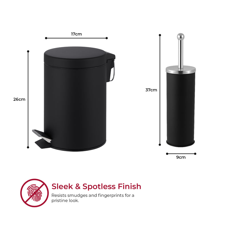 Size dimensions of black bathroom waste bin and matching toilet brush holder set.