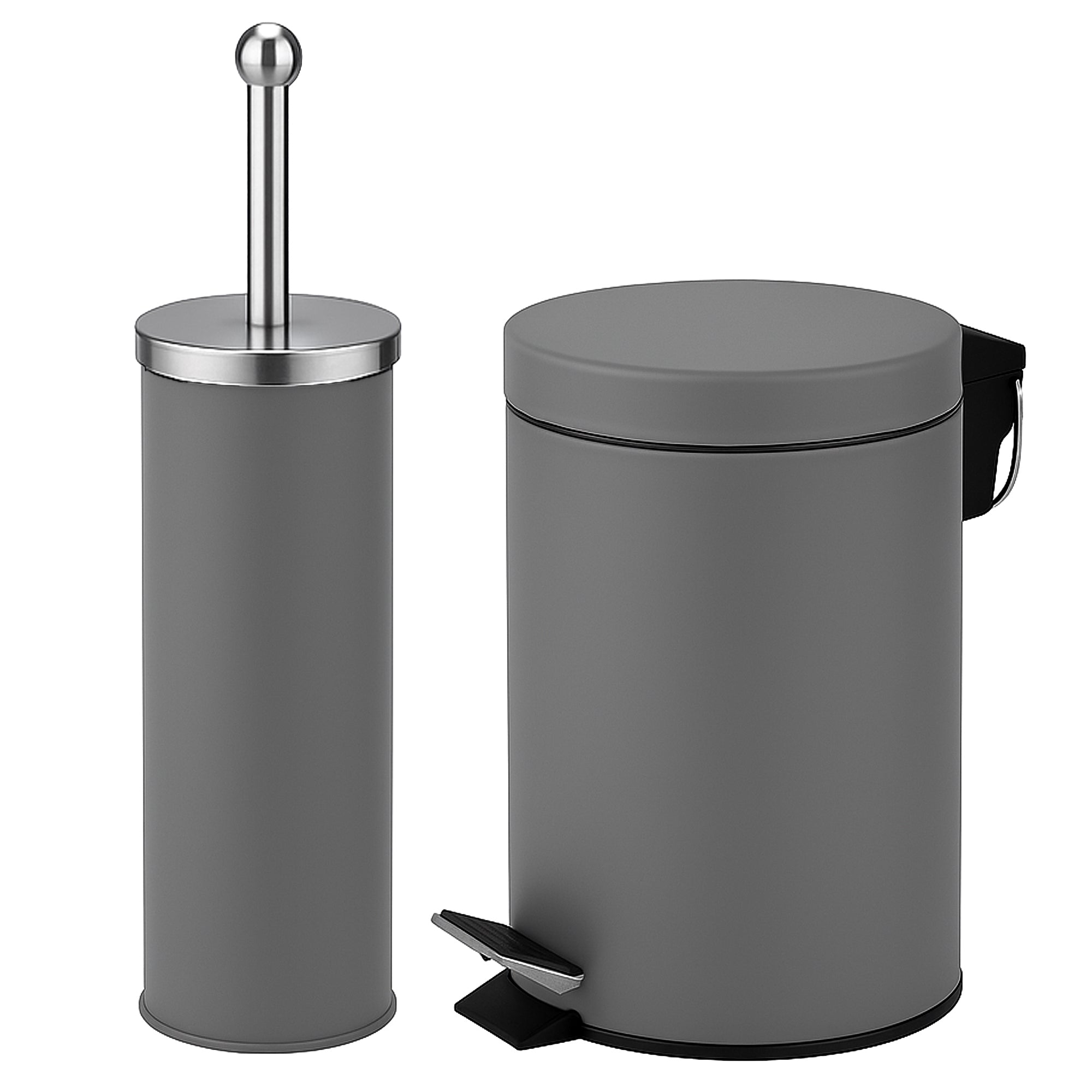 Grey waste bin and toilet brush combo featuring a soft matte finish and steel accents.