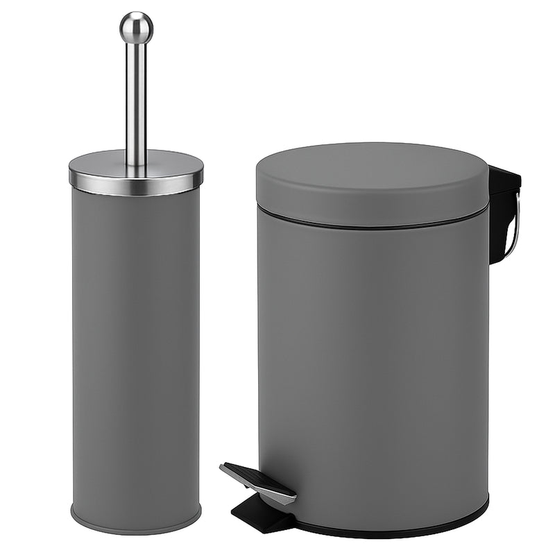 Grey waste bin and toilet brush combo featuring a soft matte finish and steel accents.