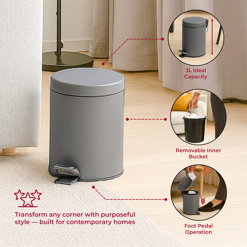 3L soft close waste bin in matte grey featuring a removable inner bucket for easy cleaning.