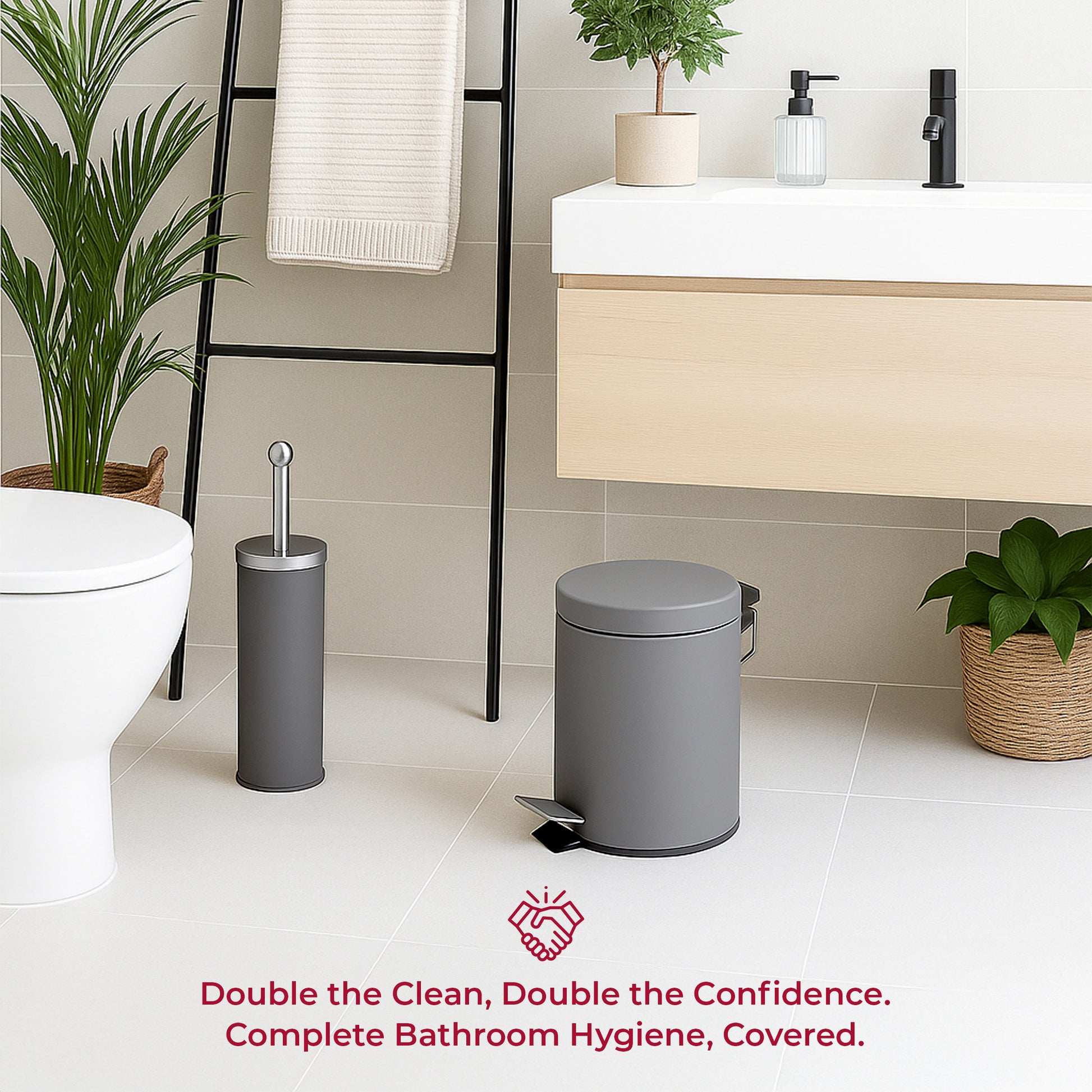 Matching grey bathroom dustbin and brush set placed together for complete hygiene.