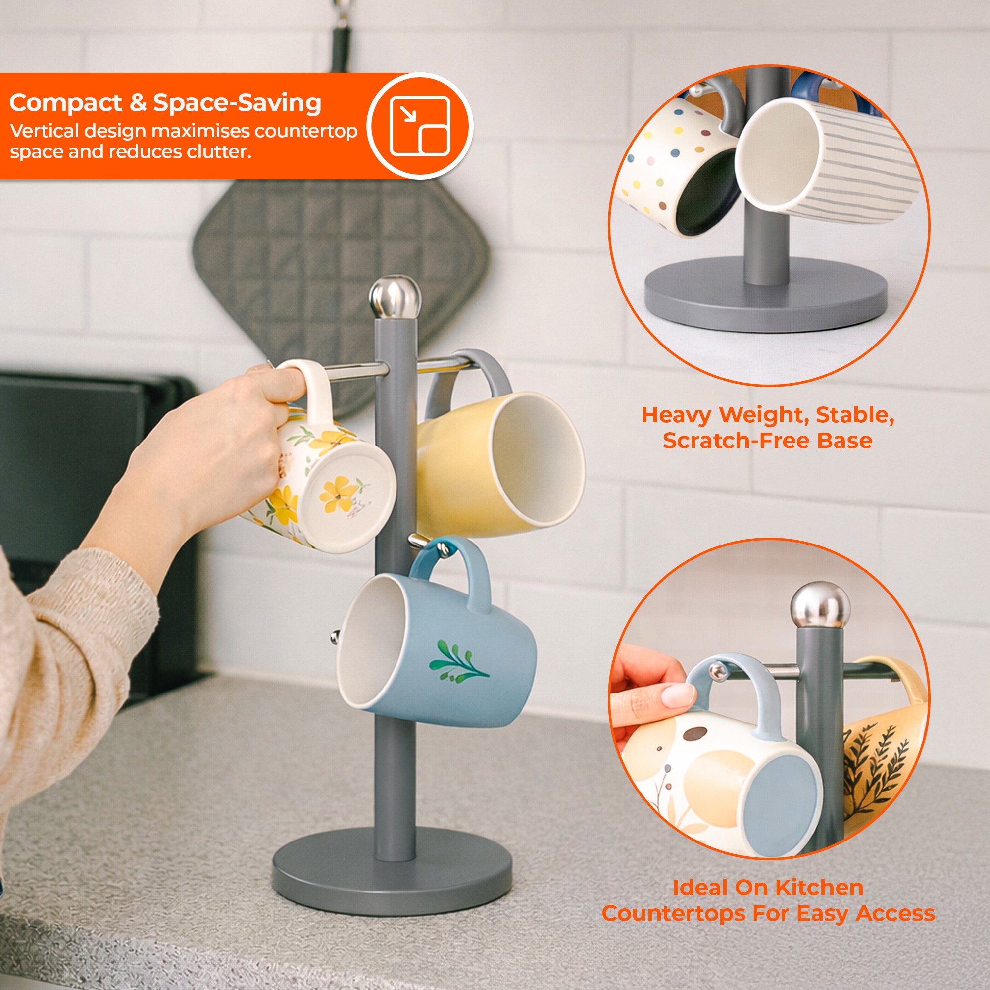 Vertex 6-Cup Mug Tree – Vintage/Retro Iron Wire Stand For Coffee Mugs – Kitchen Rack Organizer