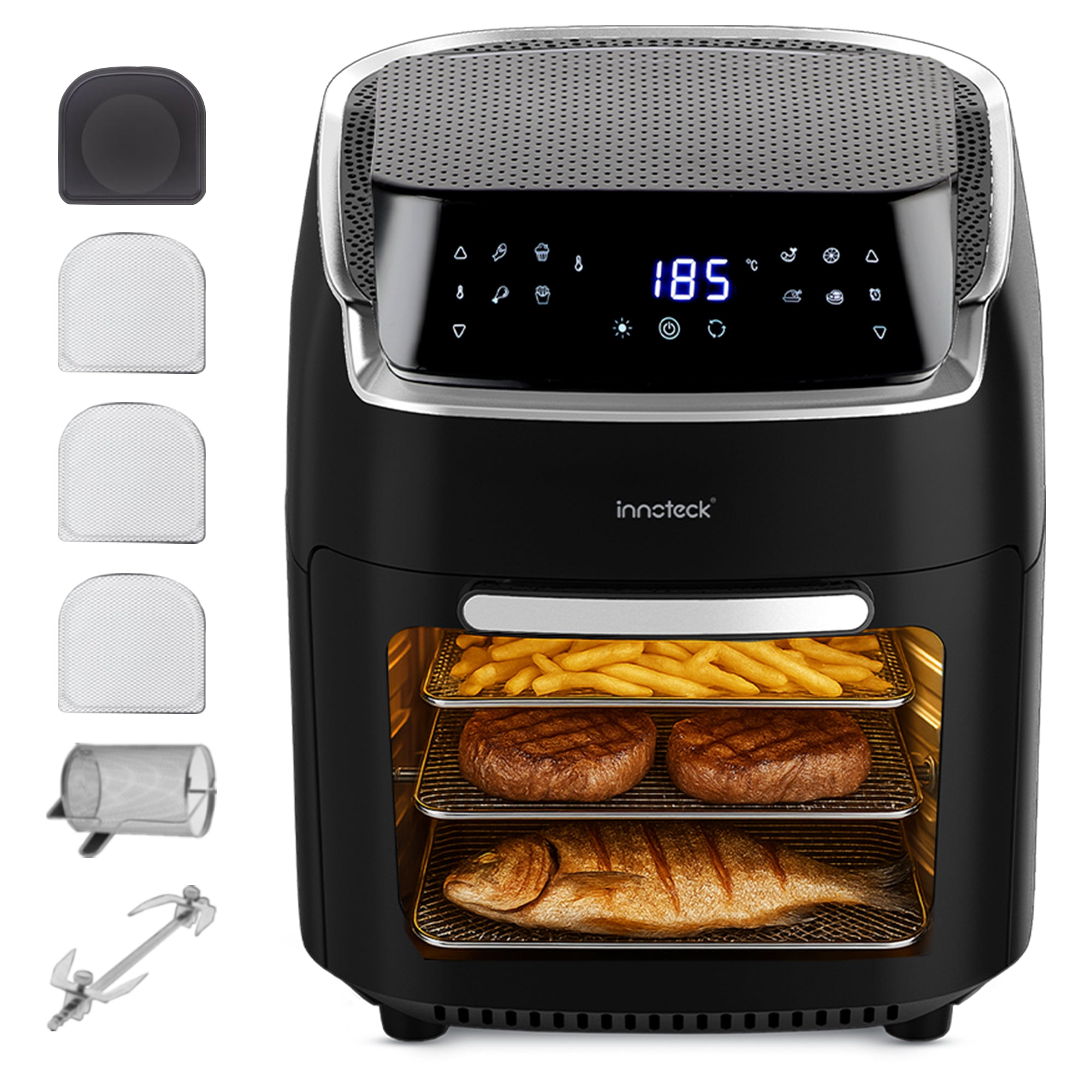 Black air fryer with digital display, food items inside, and accessories on a white background