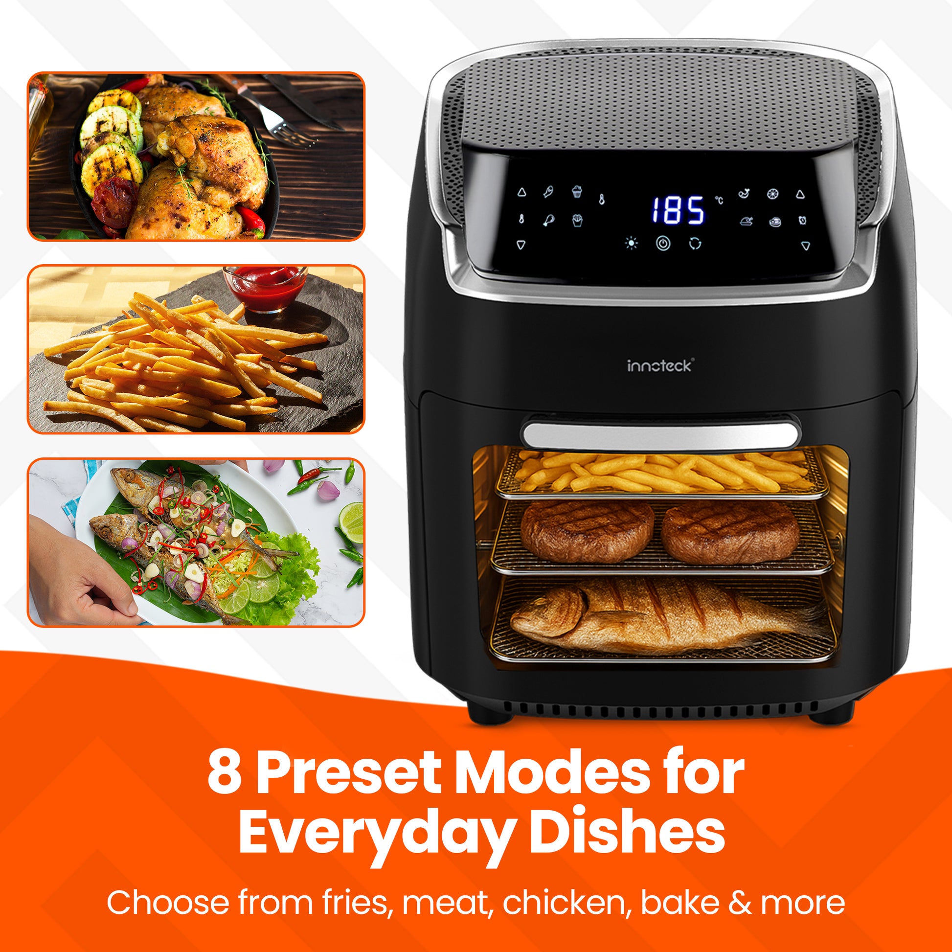 Black air fryer with digital display showing food items like fries, chicken, and fish on trays.