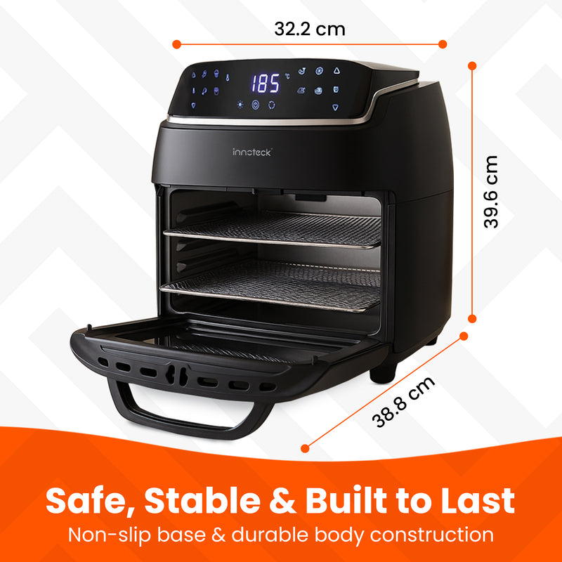 Black air fryer with measurements and safety features highlighted on a white background