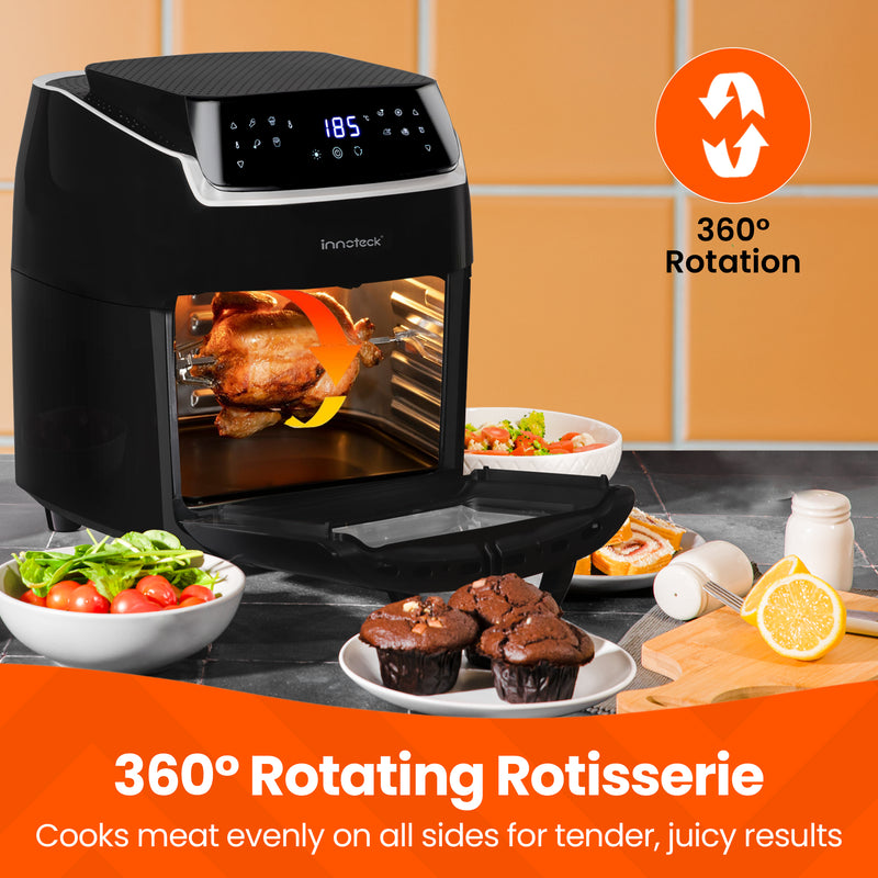 Innorex rotisserie oven with food on a kitchen counter, featuring 360-degree rotation.