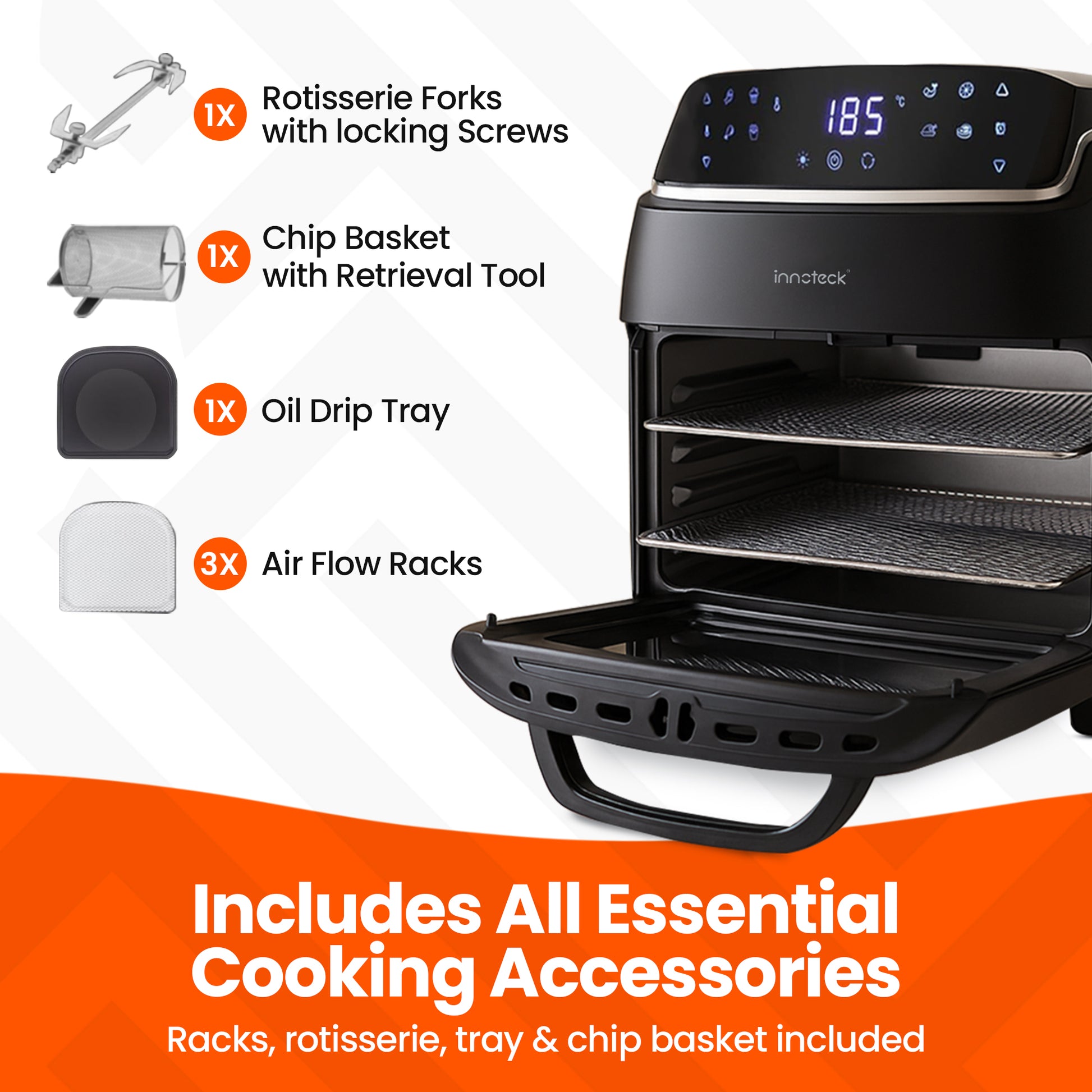 Innoteck air fryer with essential cooking accessories on a white background