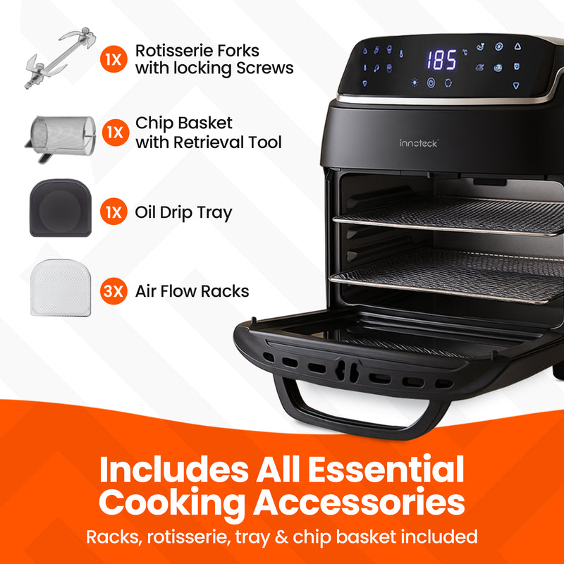 Innoteck air fryer with essential cooking accessories on a white background