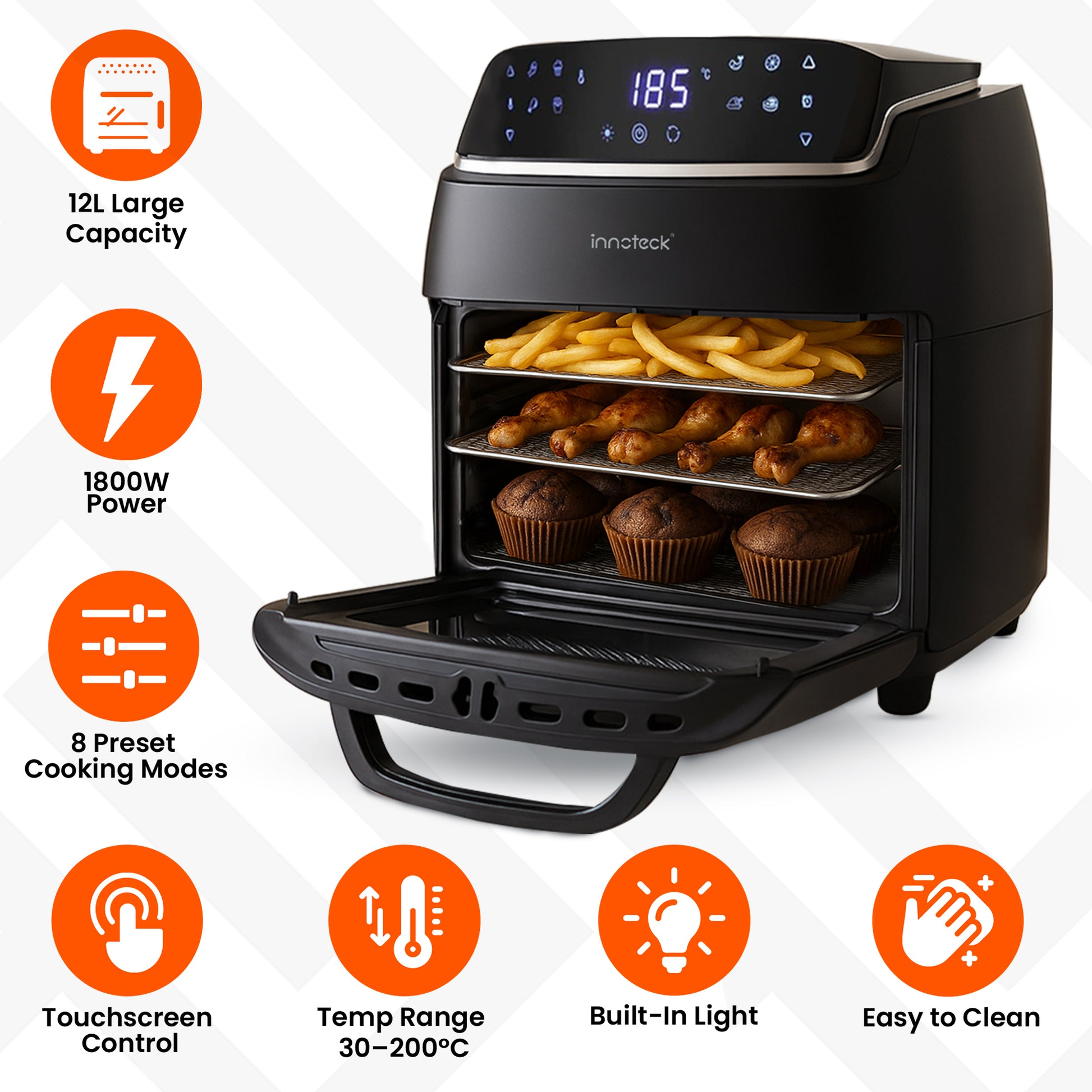 Innoteck air fryer with cooking options displayed on a white background