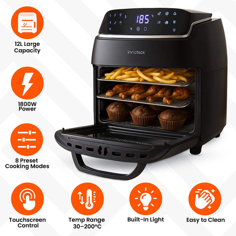 Innoteck air fryer with cooking options displayed on a white background