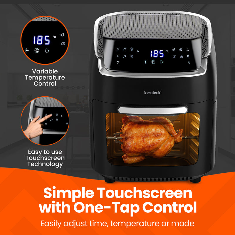 Innoteck air fryer with digital display and cooking chicken, featuring text on temperature control and touchscreen technology.