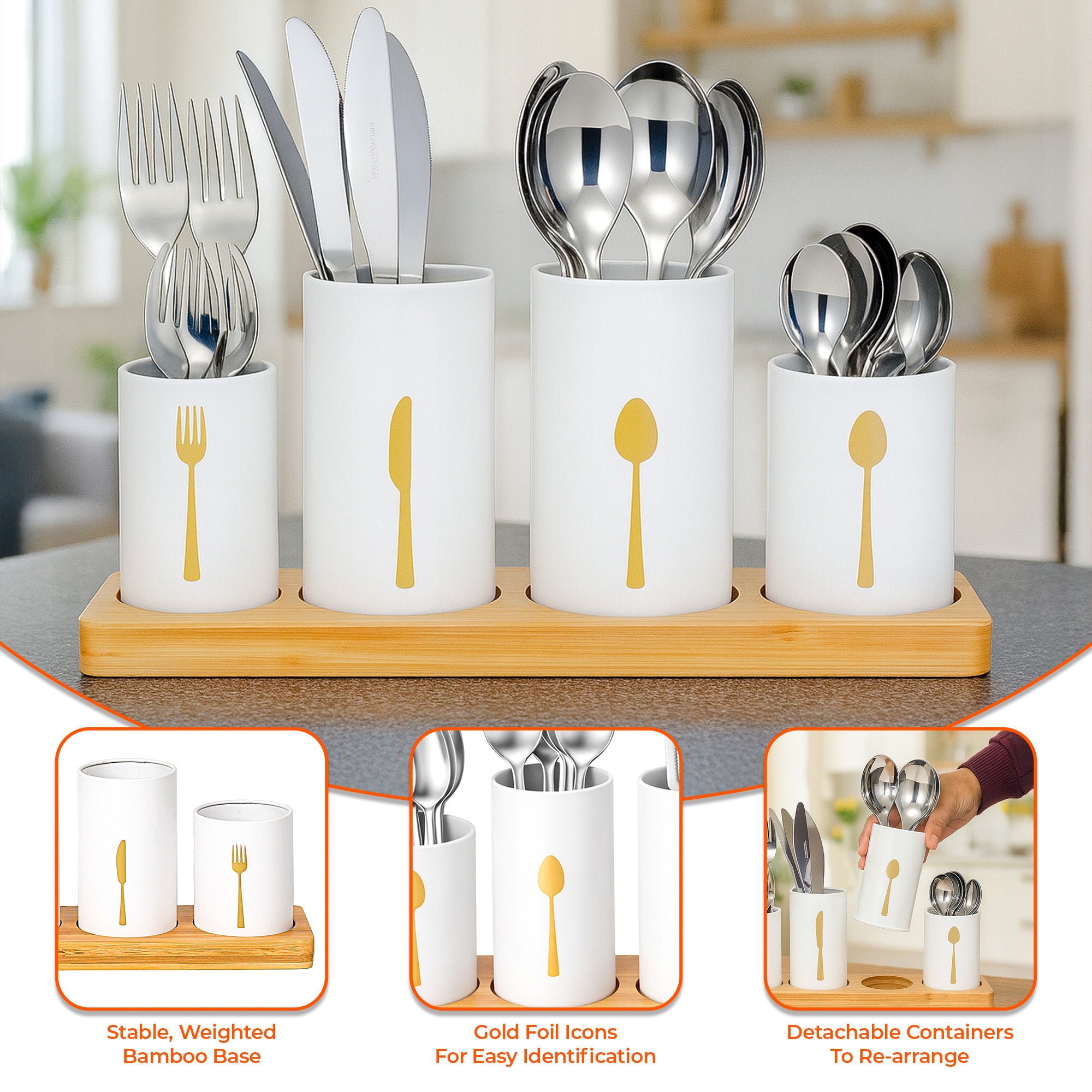 4 Pc Cutlery Holder Set with Bamboo Tray