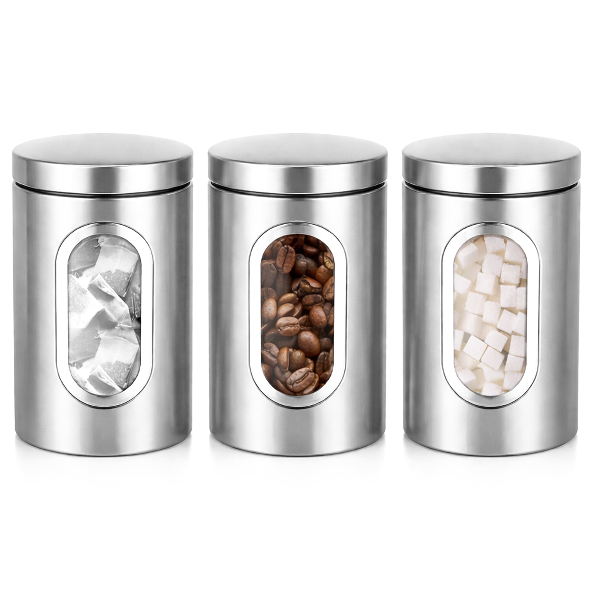 Three stainless steel canisters with windowed lids displaying contents on a white background