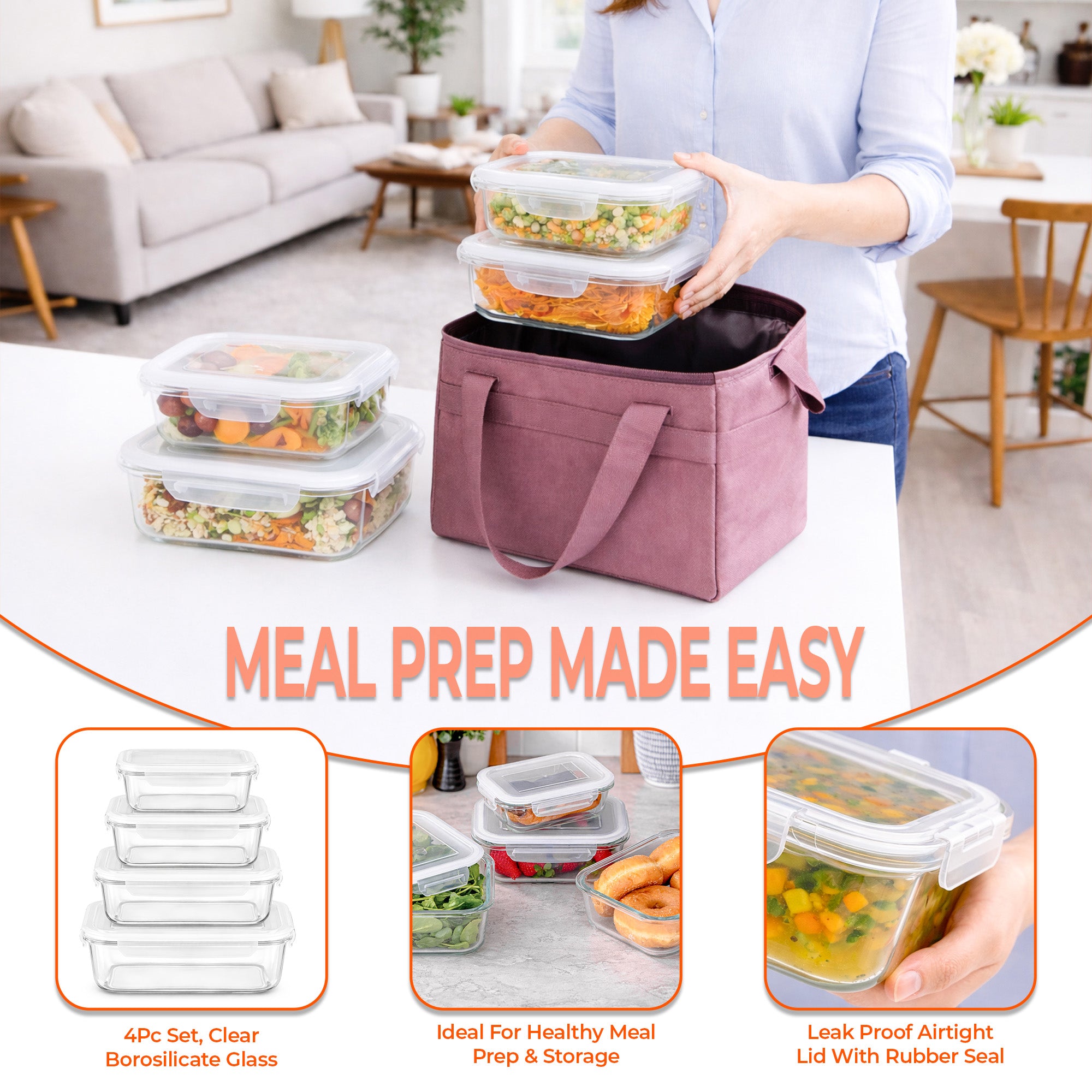 Set of 4 PC Glass Food Storage Containers - Rectangular