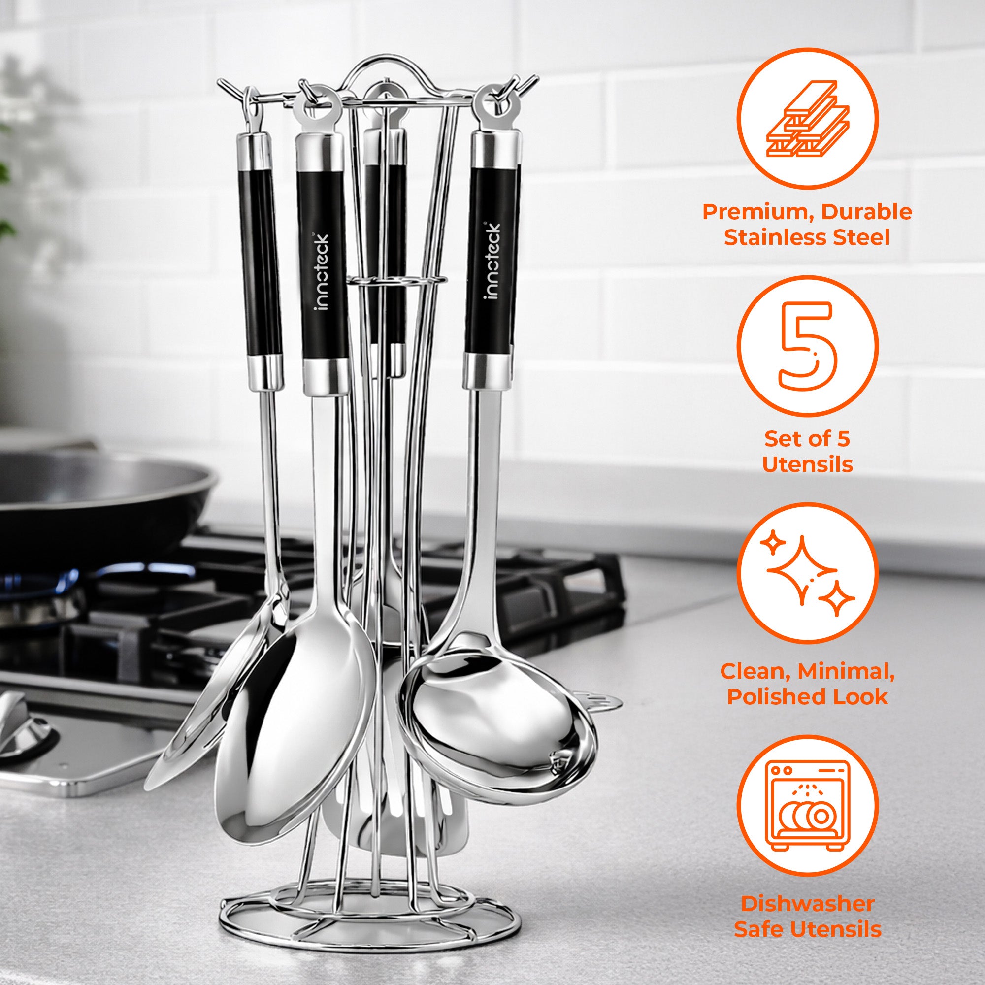 5 Pc Stainless Steel Kitchen Utensil Set with Wire Stand