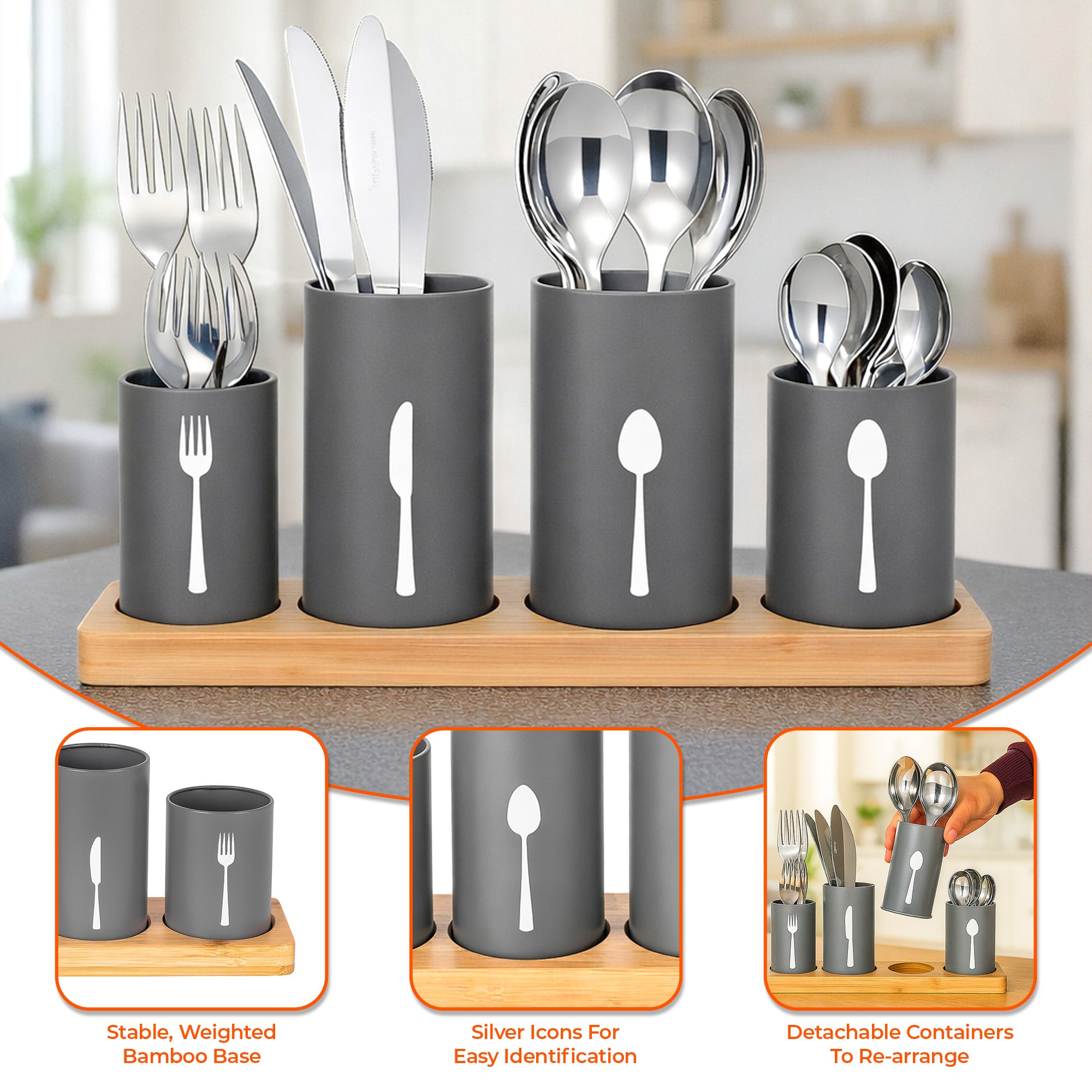 4 Pc Cutlery Holder Set with Bamboo Tray