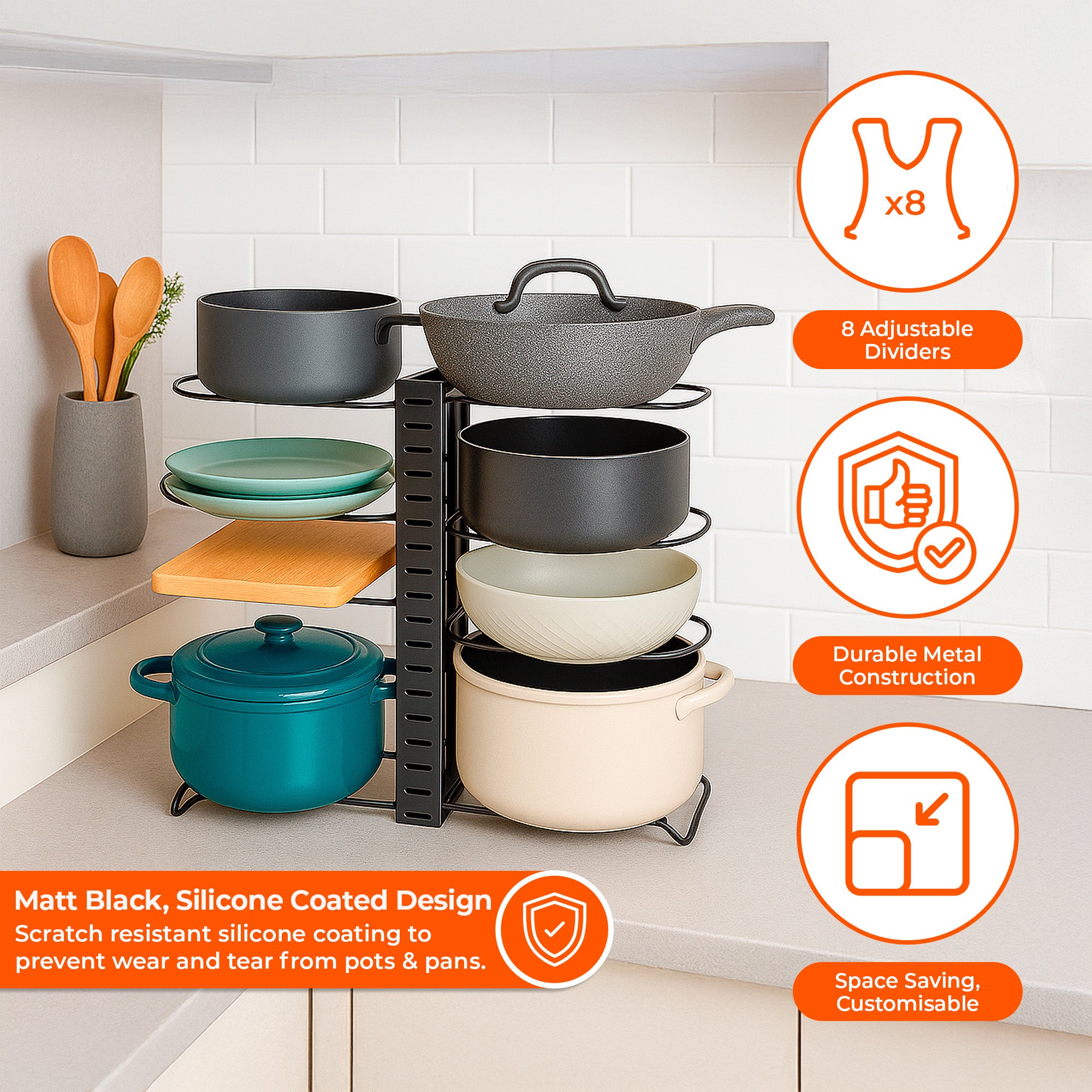 Adjustable Metal Pot Rack with 8 Dividers