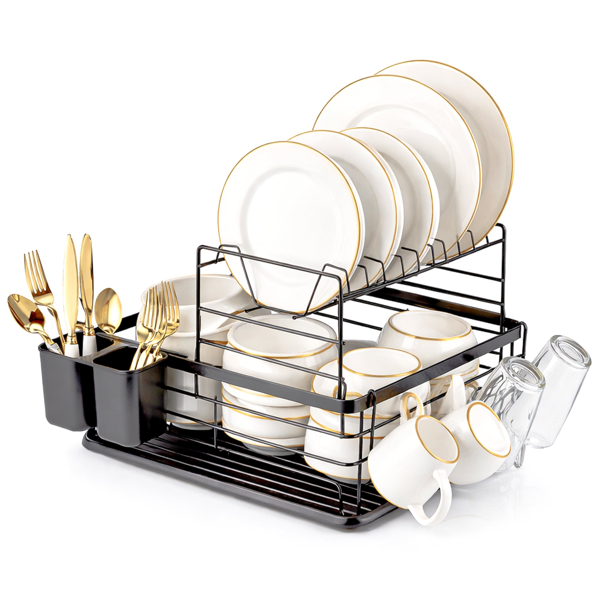 2 Tier Dish Drying Rack with Hooks, Cutlery & Mug Holders