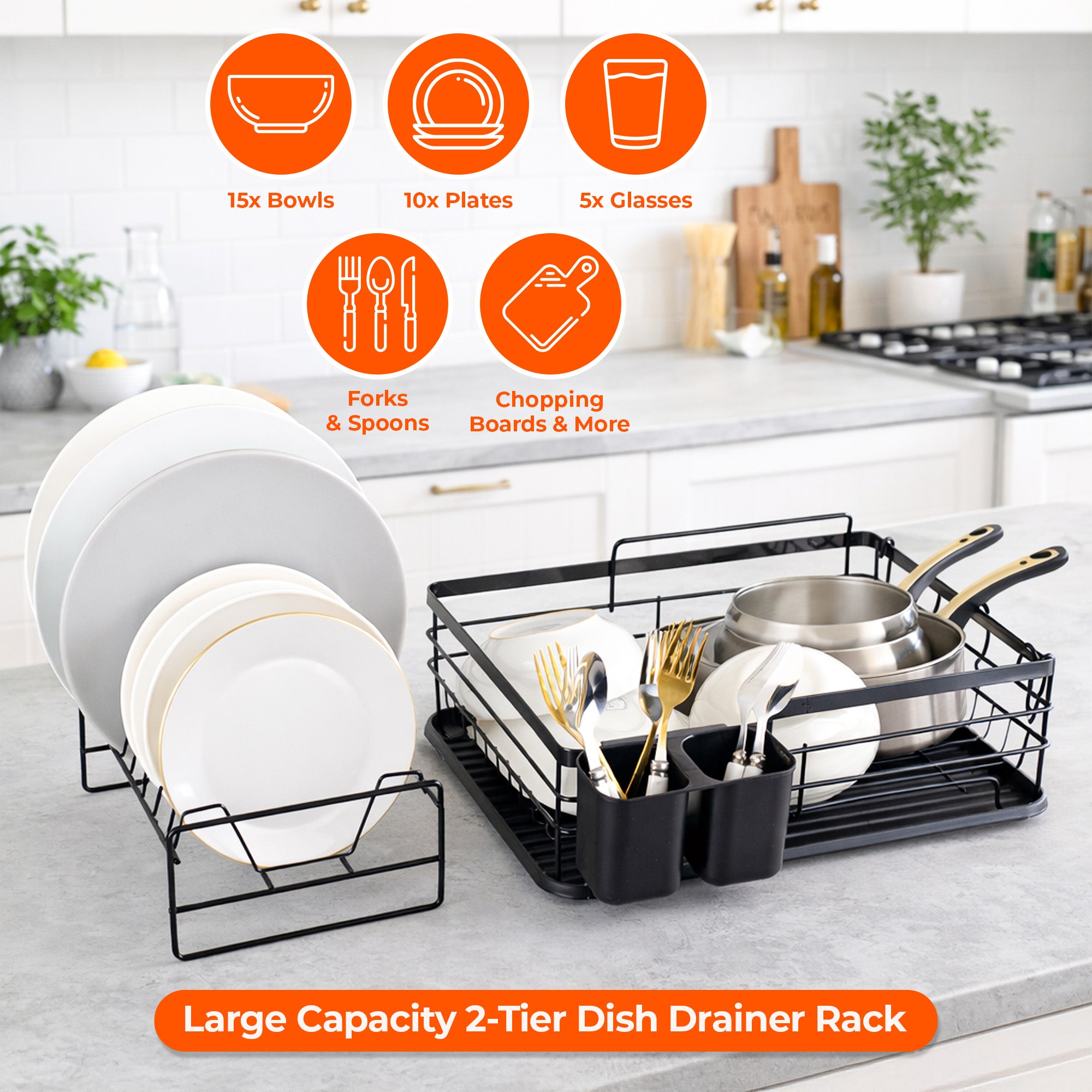 2 Tier Dish Drying Rack with Hooks, Cutlery & Mug Holders