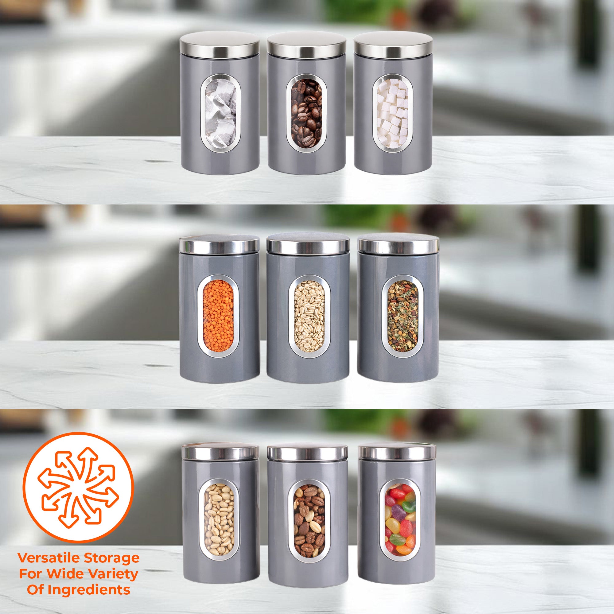 Set of silver kitchen storage jars with transparent lids on a blurred kitchen background.
