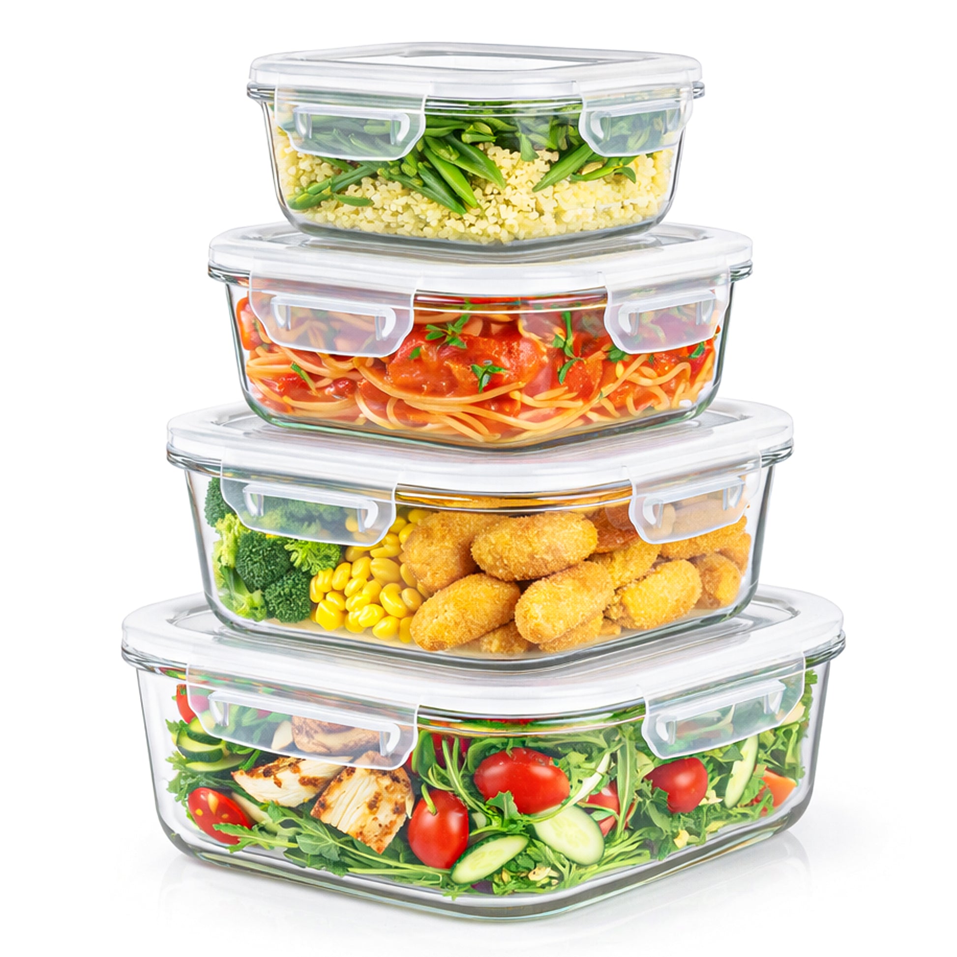 Set of 4 Innoteck glass food storage containers with various meals inside on a white background