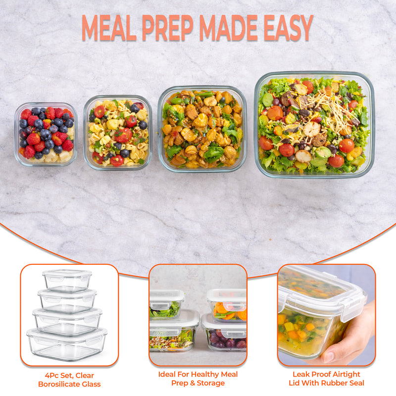 Glass meal prep containers with various meals on a marble surface, labeled 'Meal Prep Made Easy'.
