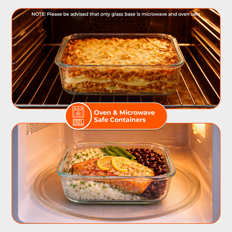 Innoteck Glass lasagna dish in an oven and another glass container with food in a microwave, labeled 'Oven & Microwave Safe Containers'.