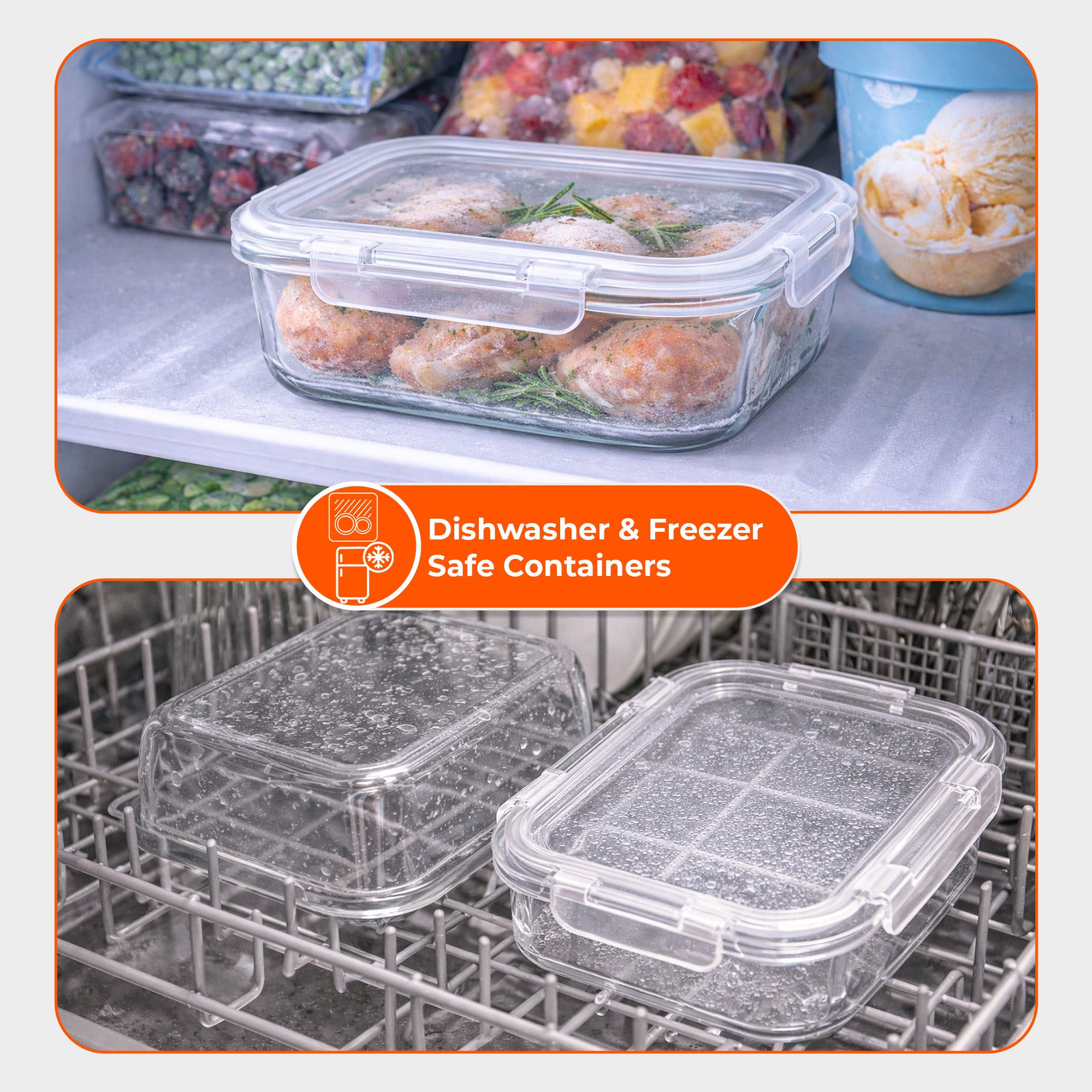 Glass food containers with lids on a refrigerator shelf and in a dishwasher, labeled as dishwasher and freezer safe.
