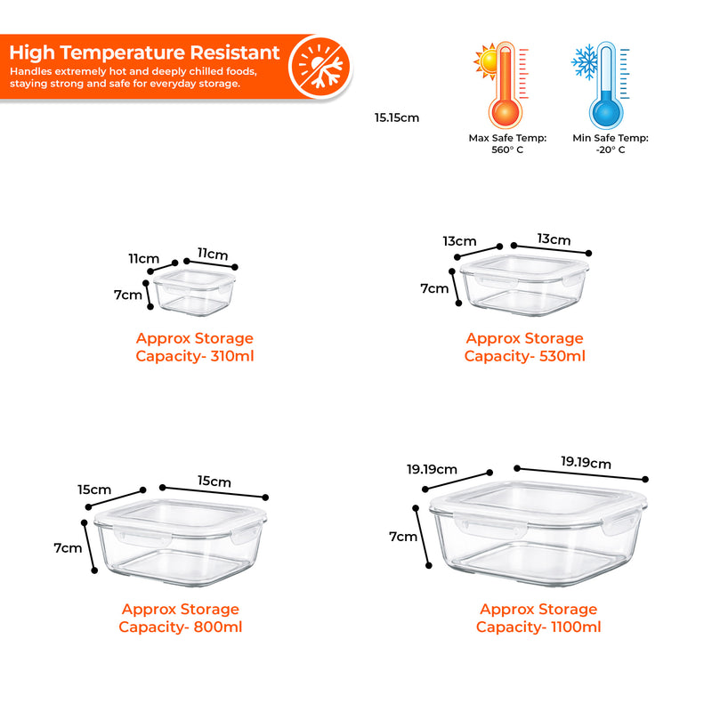 Clear storage containers with dimensions and capacity labels on a white background